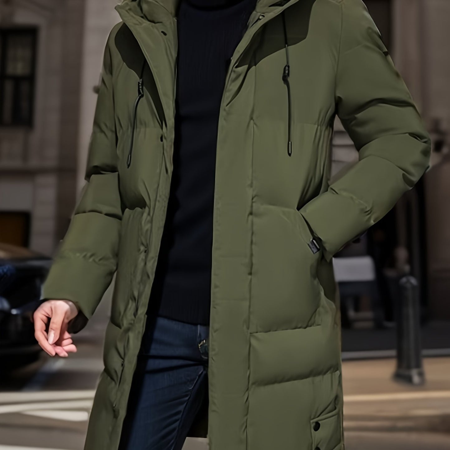 gbolsos Warm Hooded Mid-length Jacket, Men's Casual Zip Up Cotton Padded Jacket Overcoat For Fall Winter Outdoor