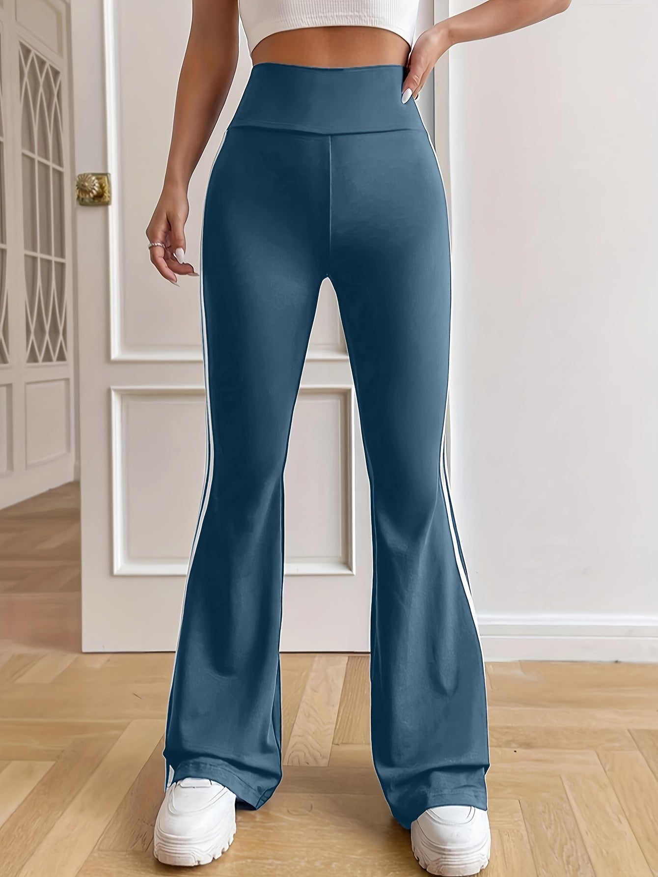 Side Striped Flare Leg Pants, Casual High Waist Pants, Women's Clothing