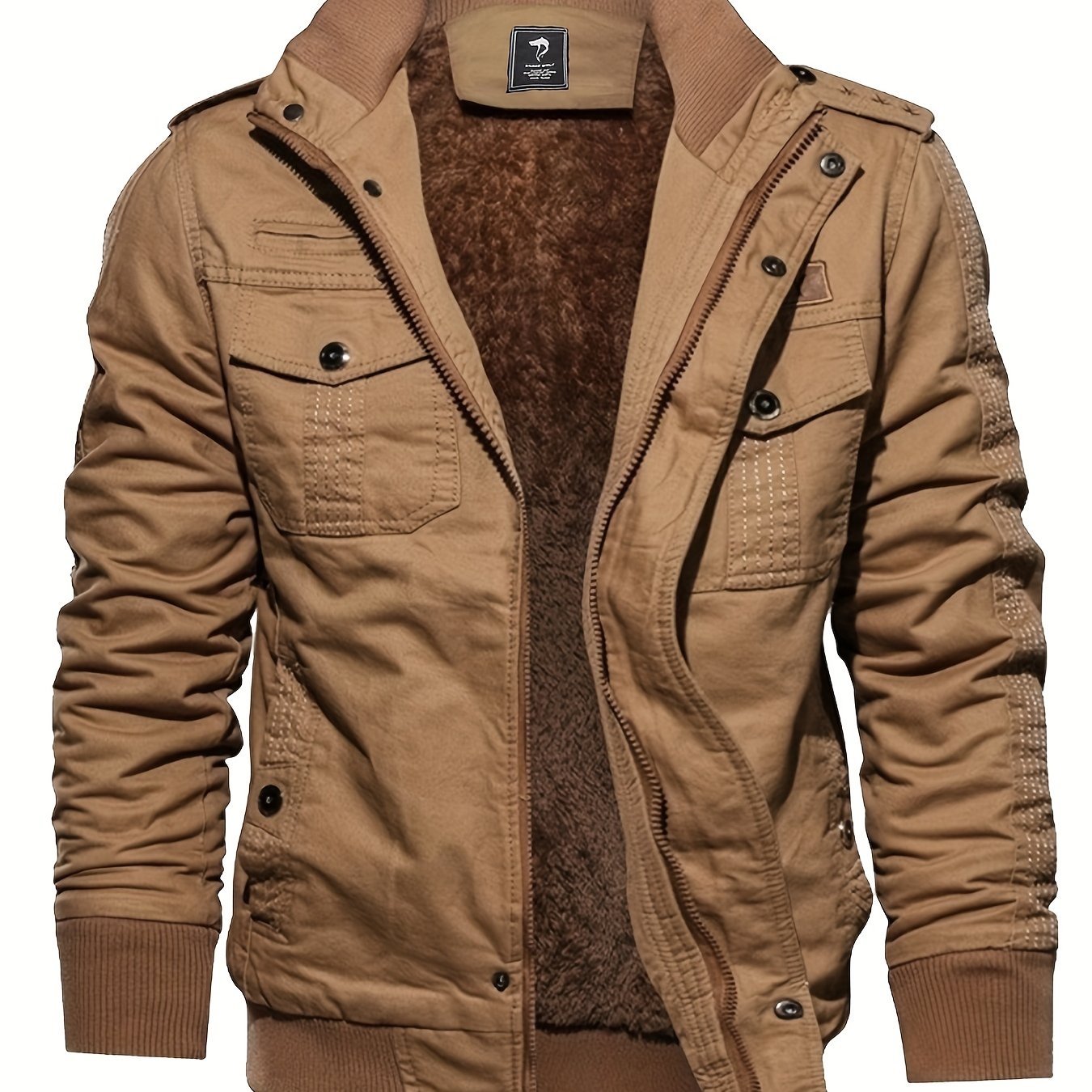 gbolsos Warm Plush Fleece Cotton Jacket, Men's Casual Zipper Pockets Stand Collar Jacket Coat For Fall Winter
