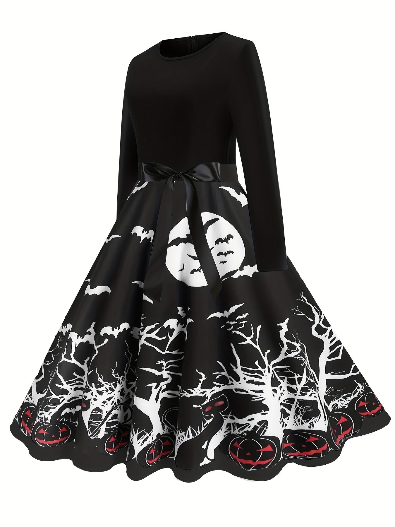 gbolsos Cartoon Ghost Print Dress, Elegant Long Sleeve Pleated Halloween Dress, Women's Clothing