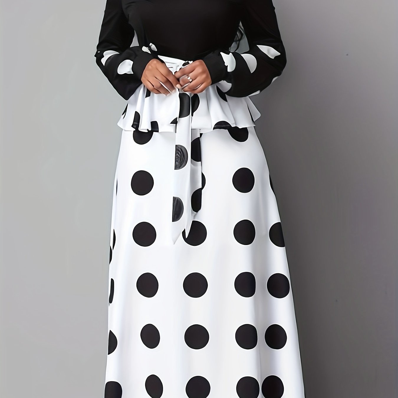 gbolsos Color Block Polka Dot V Neck Long Sleeve Dress, Elegant High Tie Waist Flared Maxi Dress, Women's Clothing