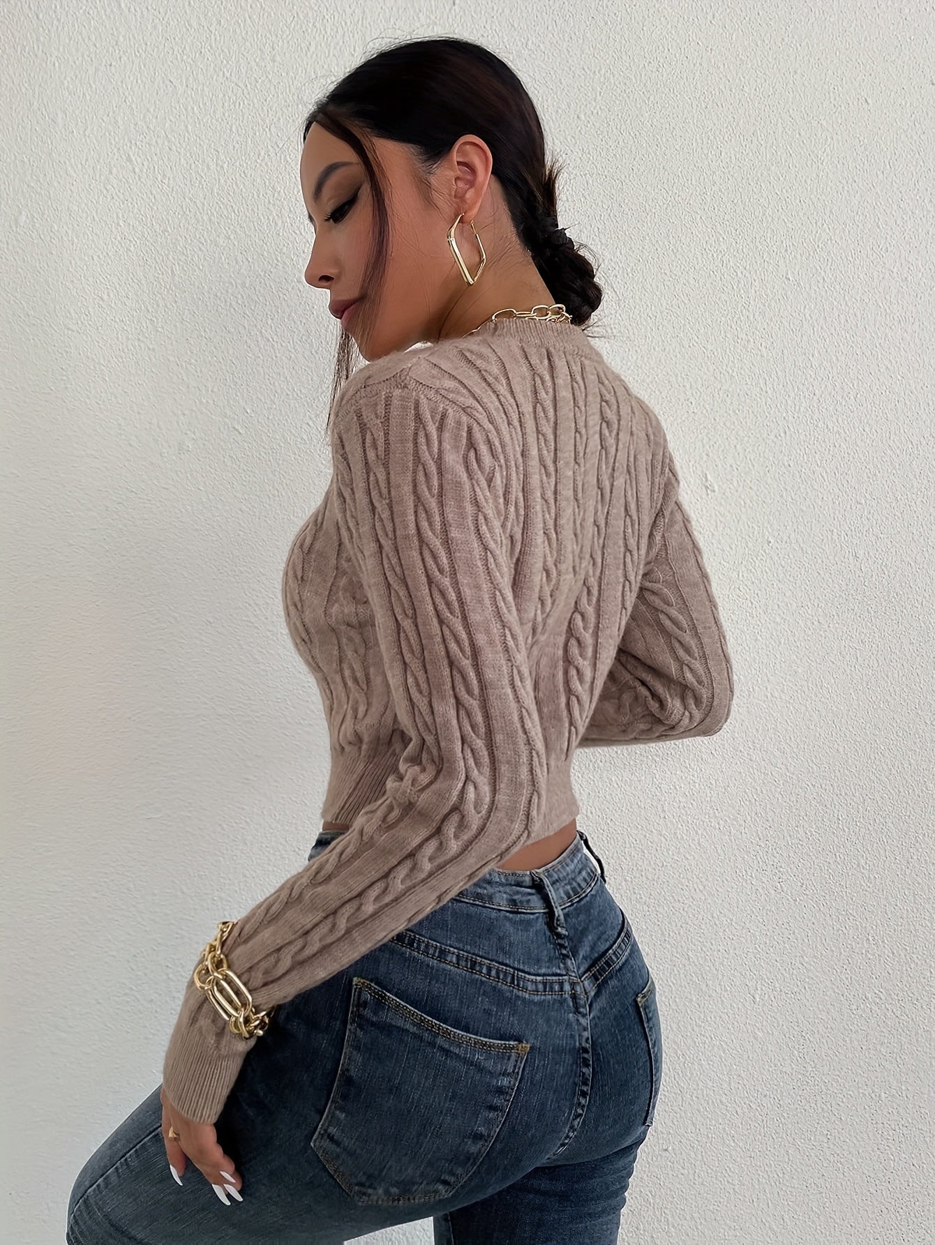 gbolsos Solid Crew Neck Cable Knit Sweater, Casual Long Sleeve Crop Slim Sweater, Women's Clothing