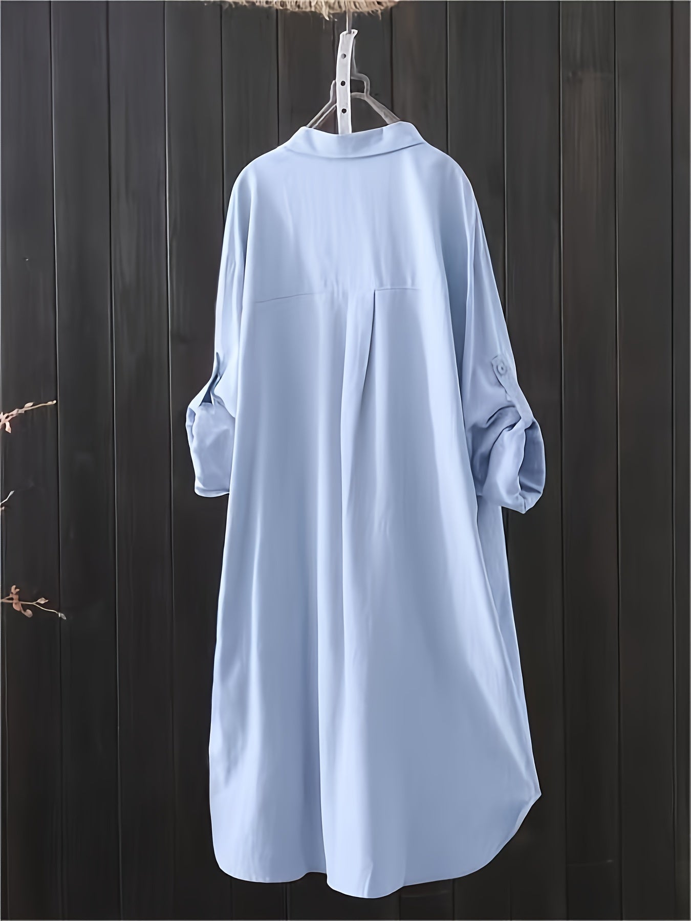 gbolsos Solid Button Down Shirt, Casual Lapel Long Sleeve Curved Hem Shirt, Women's Clothing