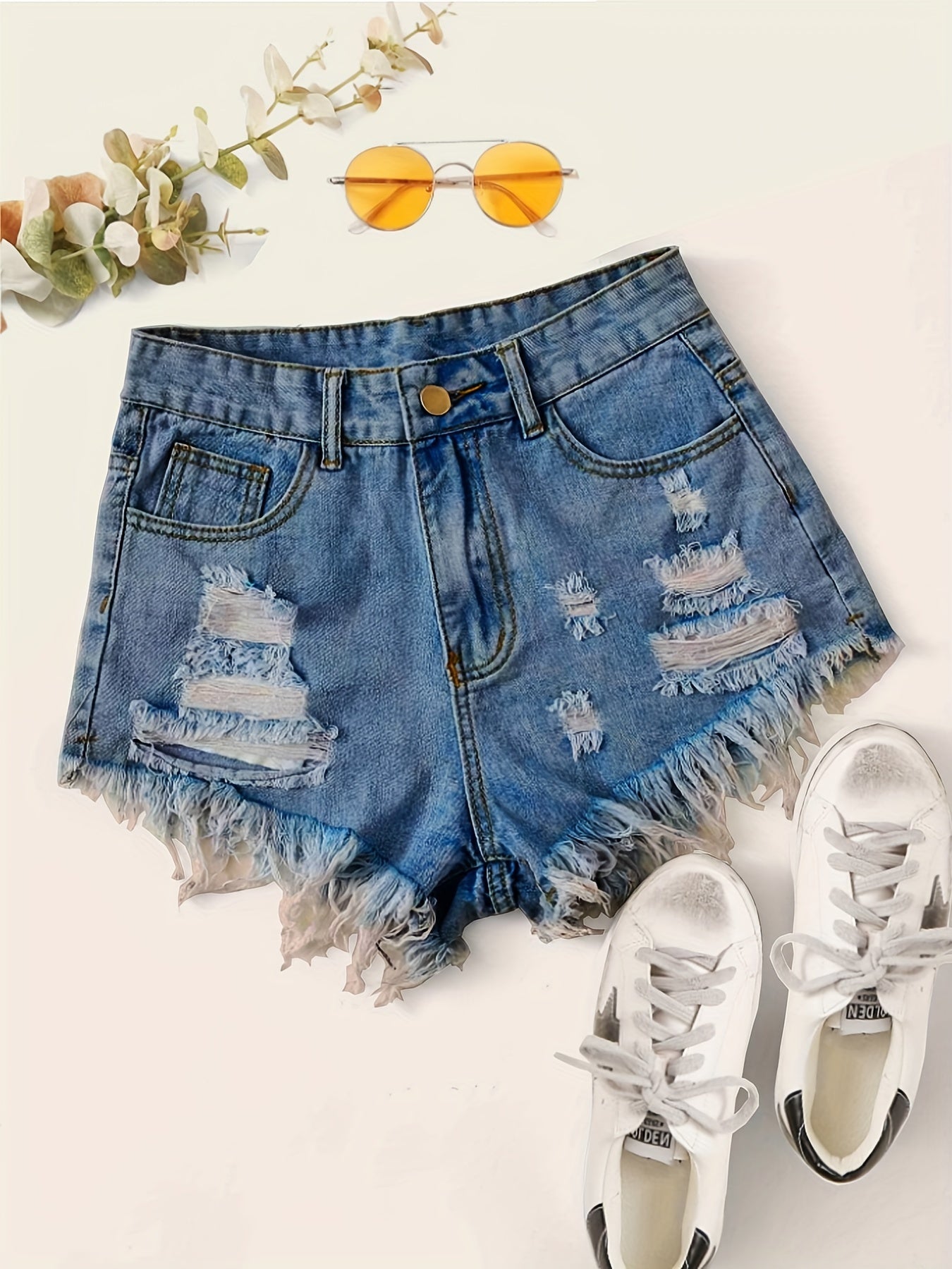 gbolsosHigh Waist Distressed Ripped Shorts, Raw Hem Slash Pockets Vintage Denim Pants, Women's Denim Jeans & Clothing