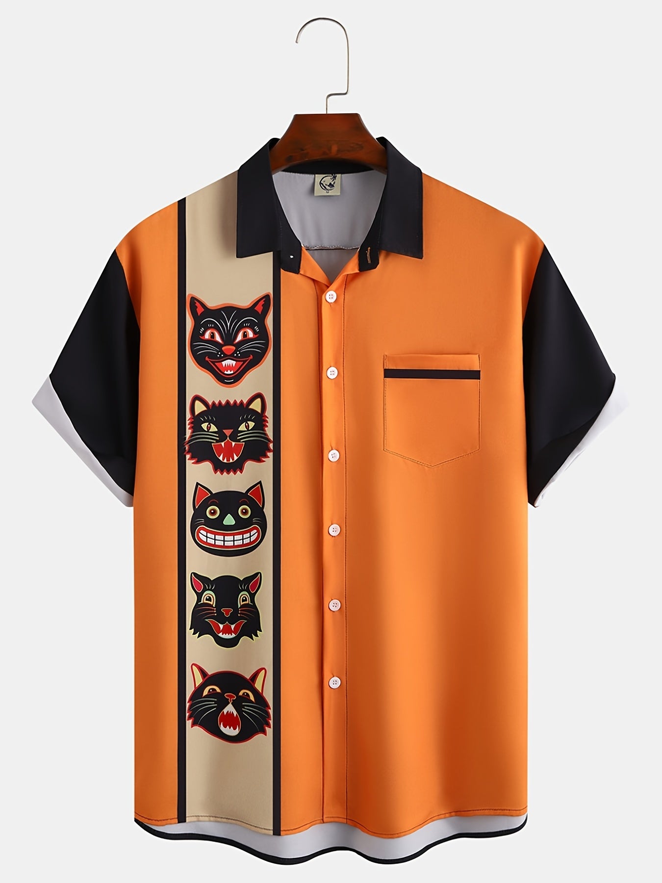 gbolsos Halloween Cat Print Men's Casual Short Sleeve Shirt, Men's Shirt For Summer Vacation Resort, Tops For Men, Gift For Men