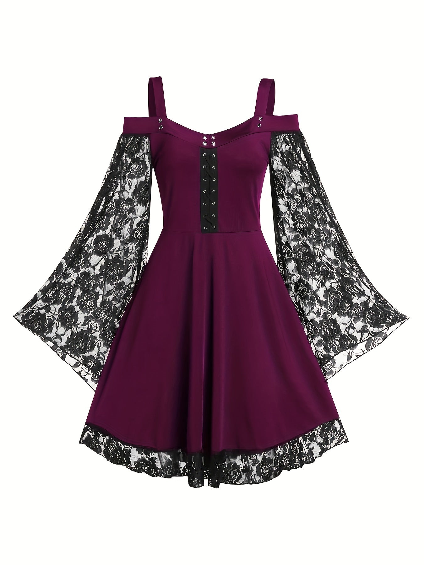 Solid Contrast Lace Dress, Gothic Drawstring Solid Mini Dress, Women's Clothing