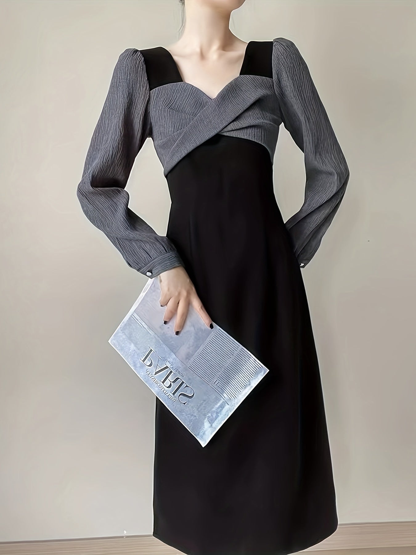 gbolsos Faux Twinset Twist Front Dress, Chic Long Sleeve A-line Dress For Spring & Fall, Women's Clothing