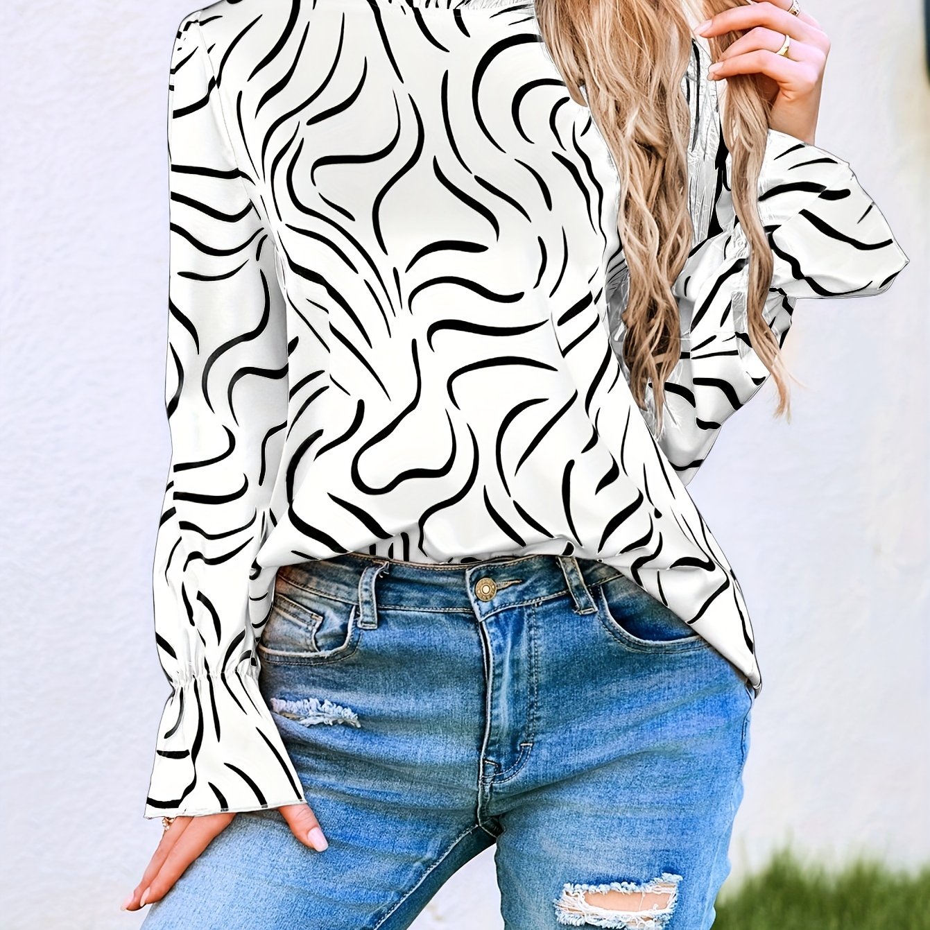 gbolsos Abstract Ripple Print Stand Collar Blouse, Casual Long Sleeve Blouse, Women's Clothing