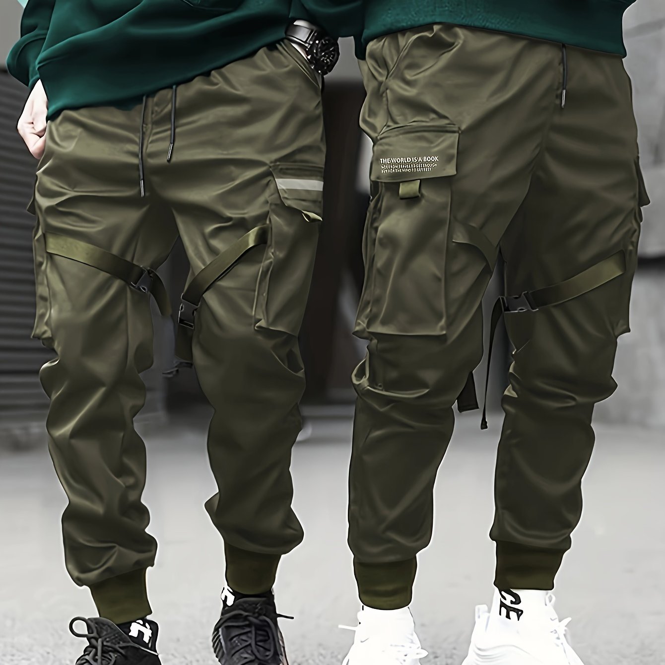 gbolsos Classic Design Multi Flap Pockets Cargo Pants,Men's Loose Fit Drawstring Kpop Cargo Pants, For Skateboarding, Street, Outdoor Camping