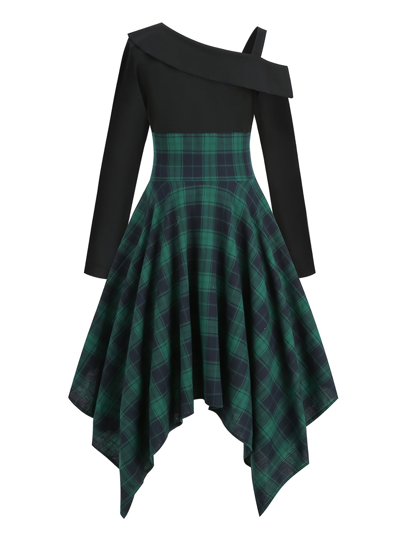 gbolsos Plaid Asymmetrical Hem Dress, Vintage Cold Shoulder Long Sleeve Dress, Women's Clothing