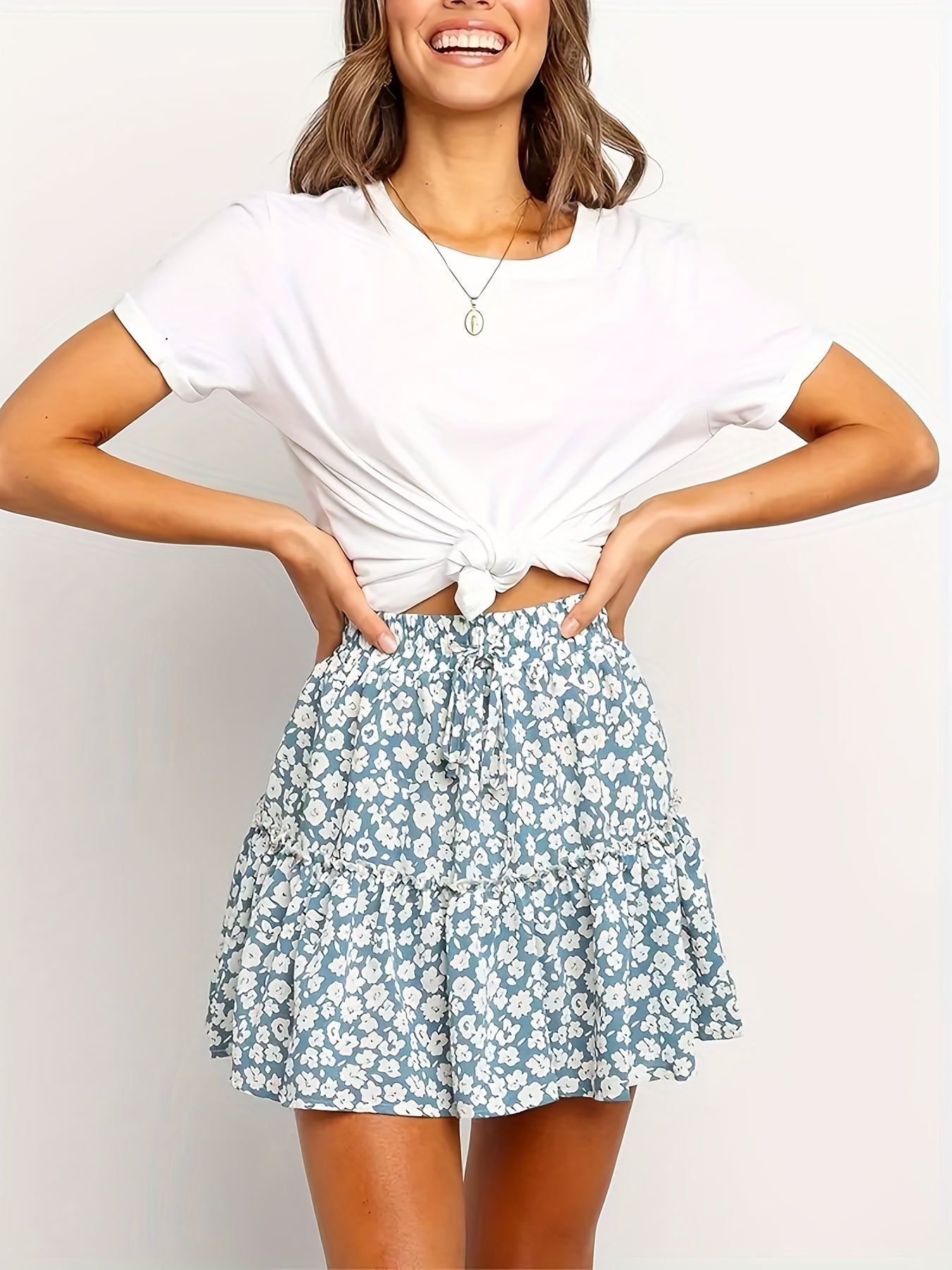 gbolsos Floral Print Ruffle Trim Skirt, Boho Drawstring Skirt For Spring & Summer, Women's Clothing