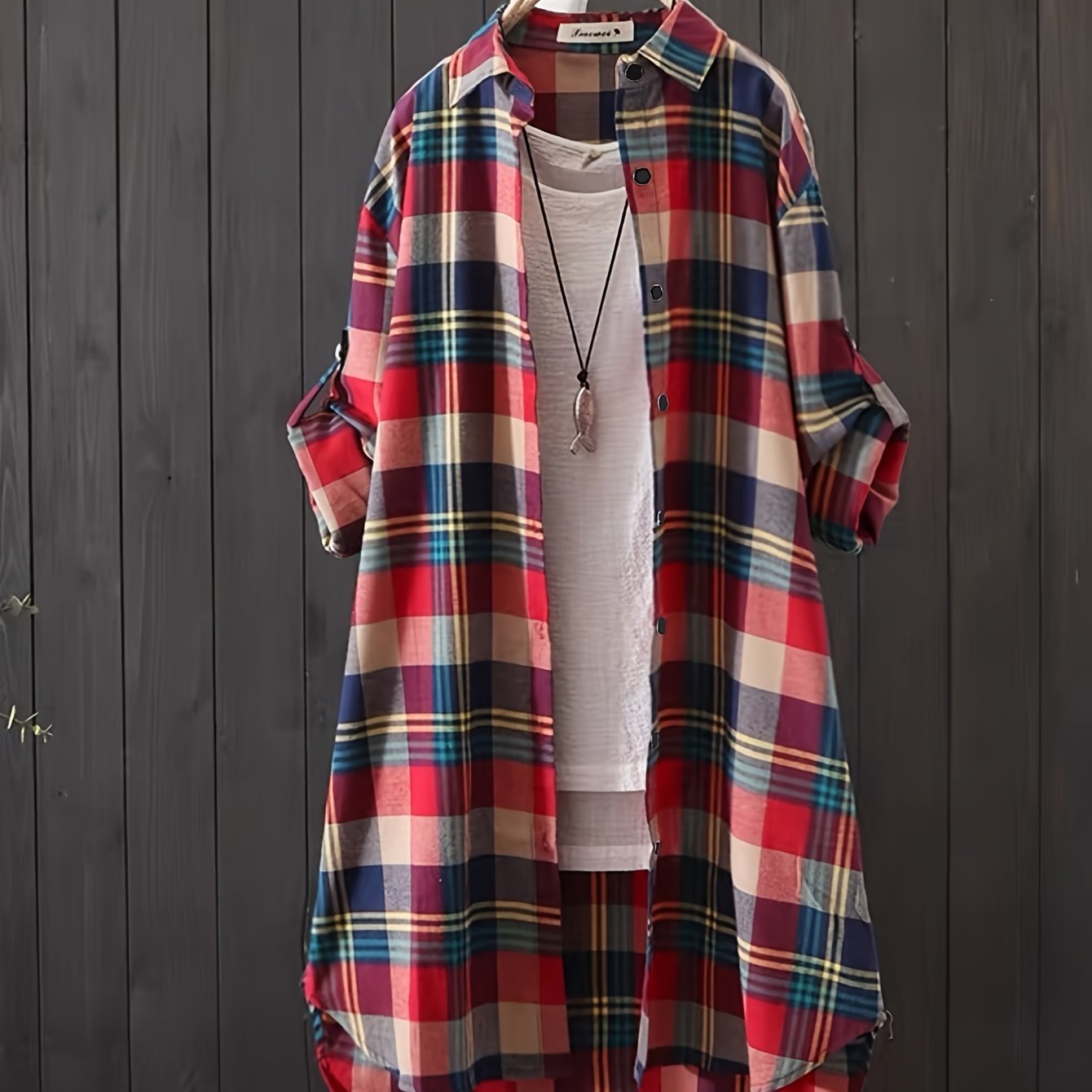 gbolsos Plaid Print Button Front Shirt, Thigh Length Long Sleeve Shirt For Spring & Fall, Women's Clothing
