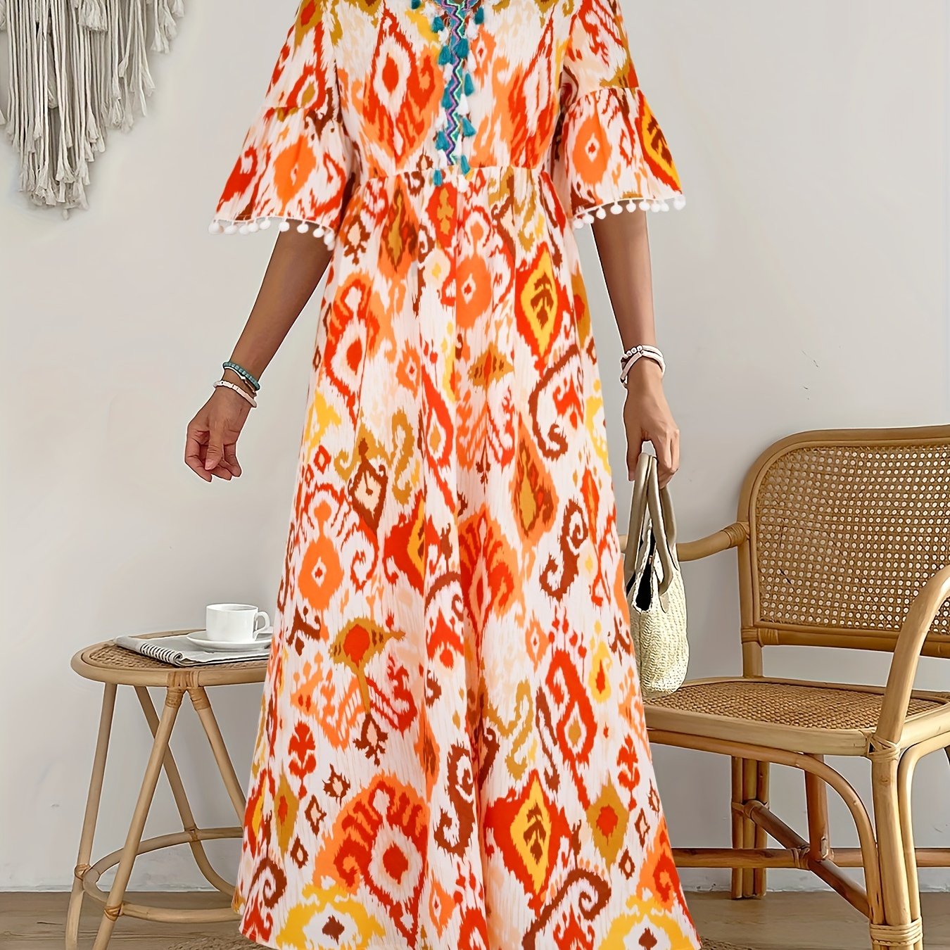 gbolsos Ikat Print Tassel Dress, Vacation V Neck High Waist Maxi Dress, Women's Clothing
