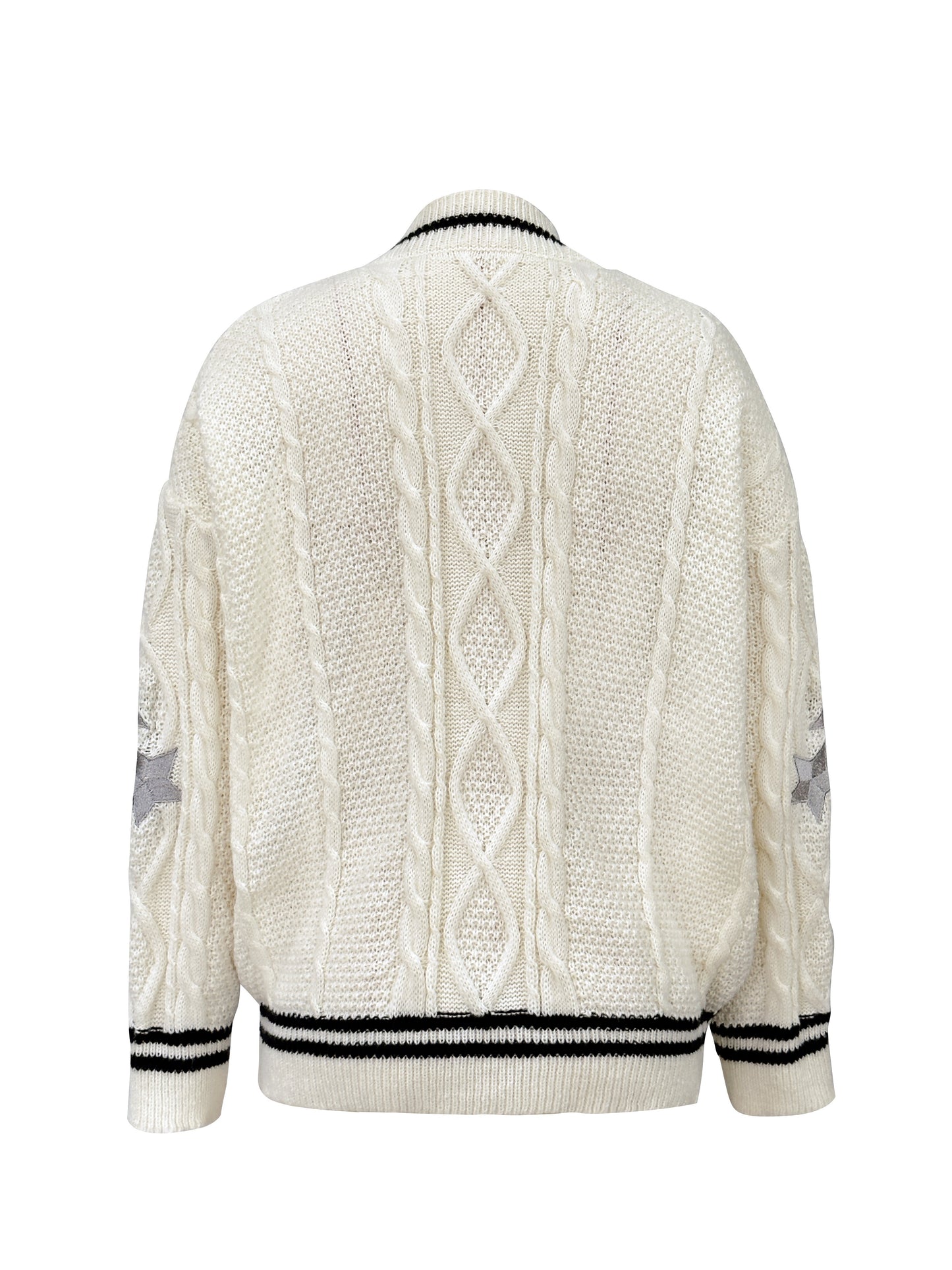gbolsos Star Embroidered Contrast Trim Cardigan, Casual Long Sleeve Cardigan For Fall & Winter, Women's Clothing