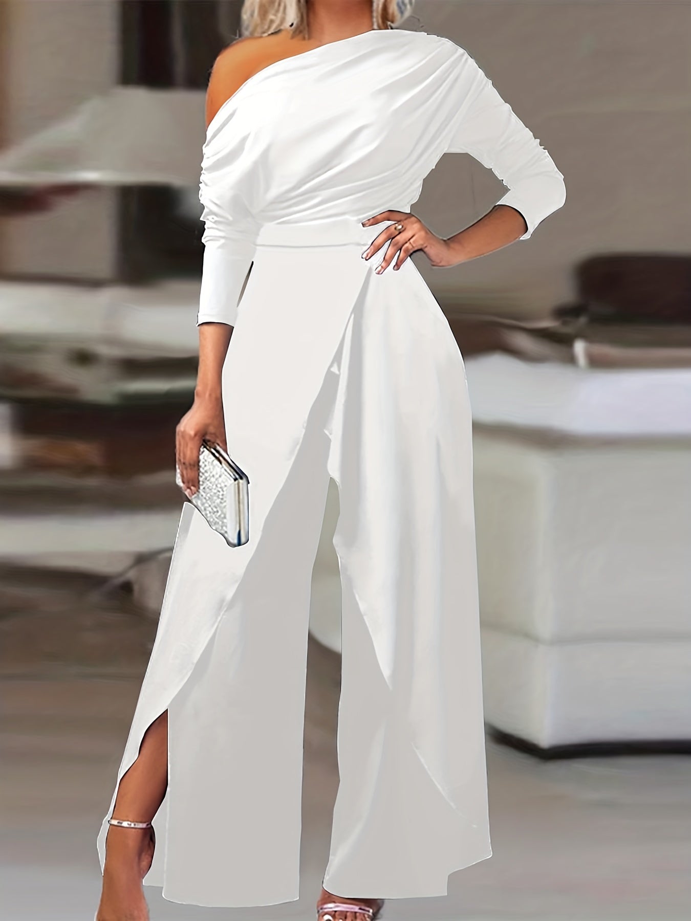gbolsos Ruched Split Jumpsuit, Casual Solid Long Sleeve Wide Leg Jumpsuit, Women's Clothing