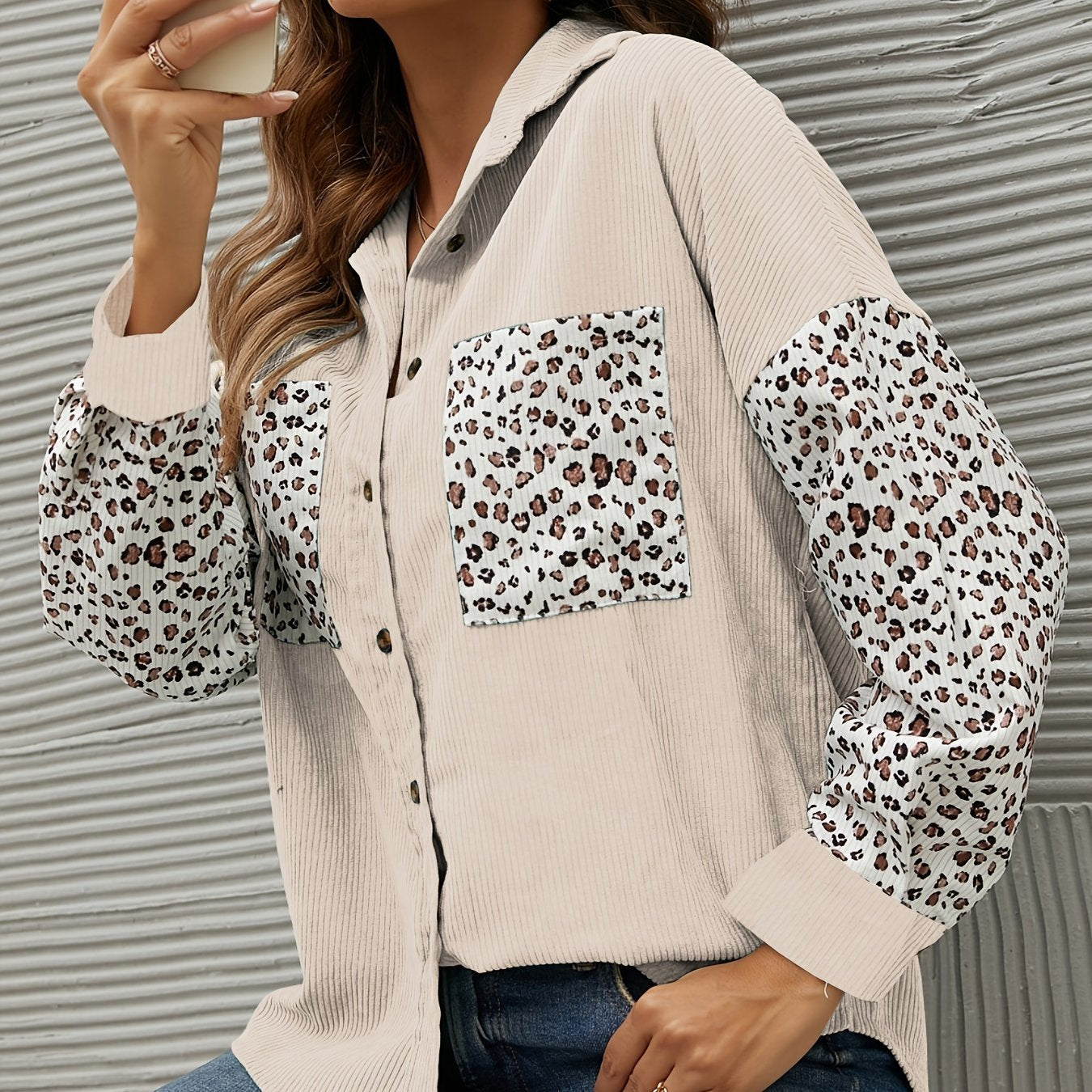 gbolsos Corduroy Leopard Print Stitching Coat, Casual Lapel Long Sleeve Button Down Fashion Loose Outerwear, Women's Clothing