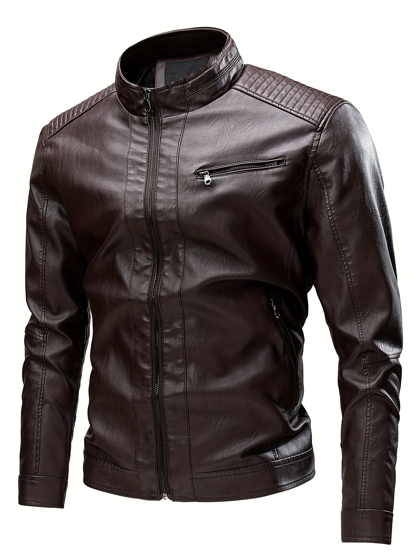 gbolsos Vintage PU Leather Jacket, Men's Casual Zip Up Stand Collar Faux Leather Jacket For Spring Fall Outdoor