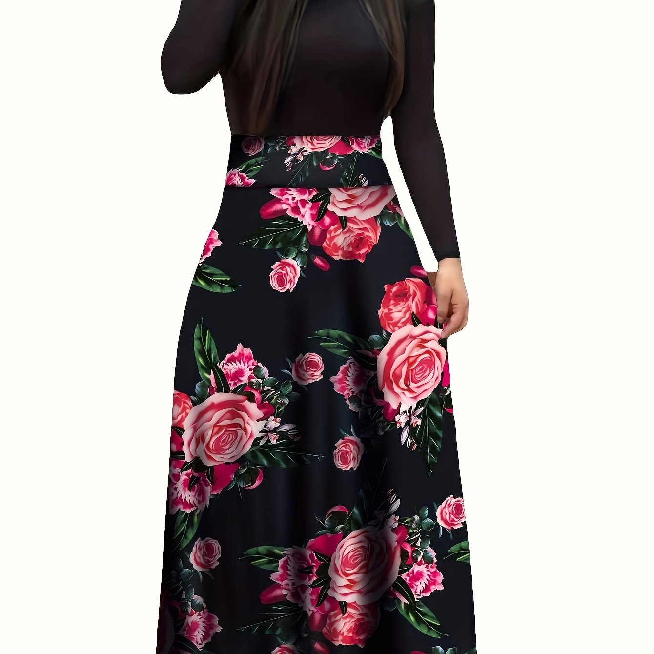 Floral Print Long Sleeve Dress, Elegant Crew Neck Pleated Maxi Dress, Women's Clothing