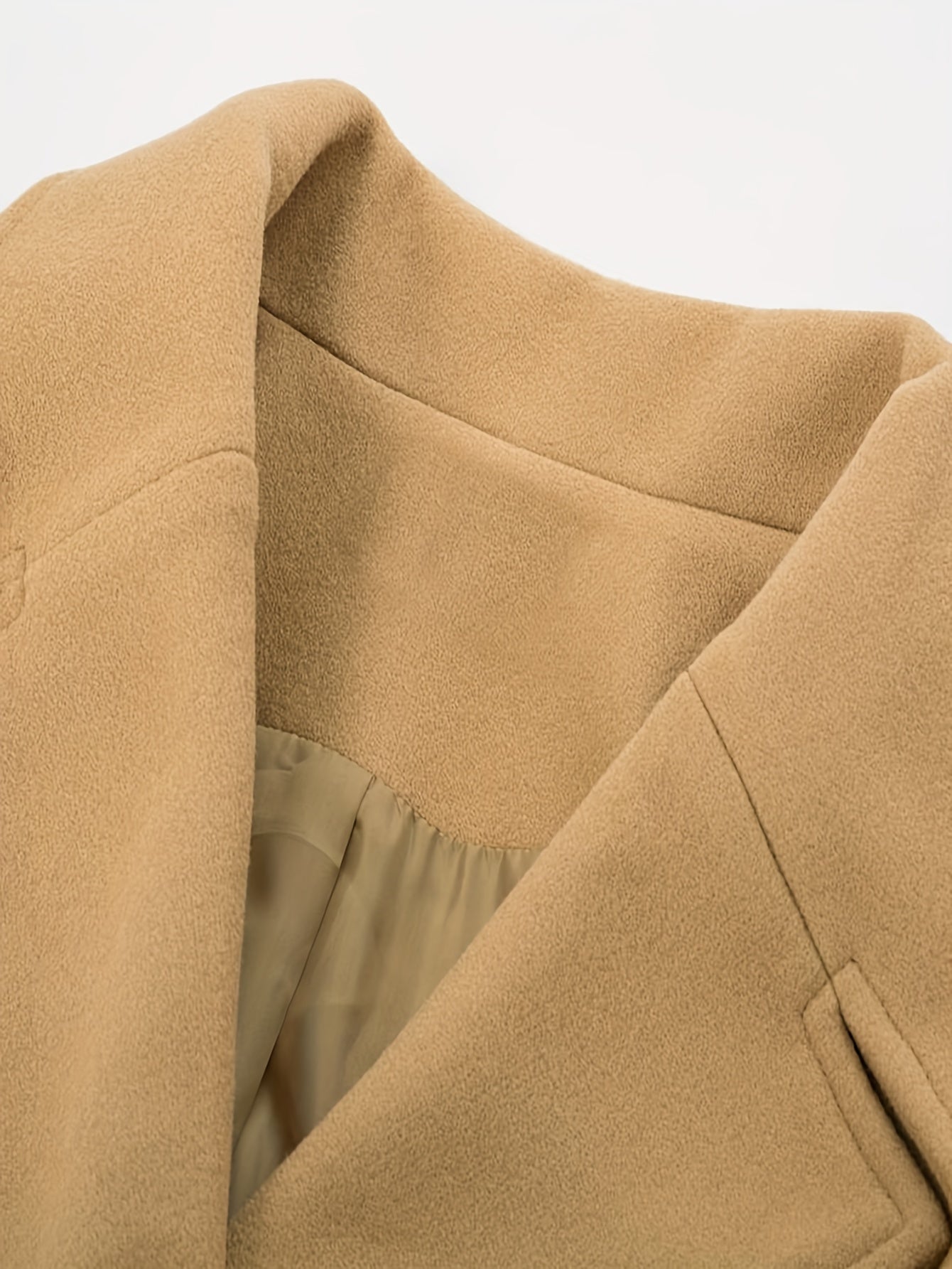 Solid Lapel Mid Length Coat, Elegant Double Breasted Long Sleeve Outerwear, Women's Clothing
