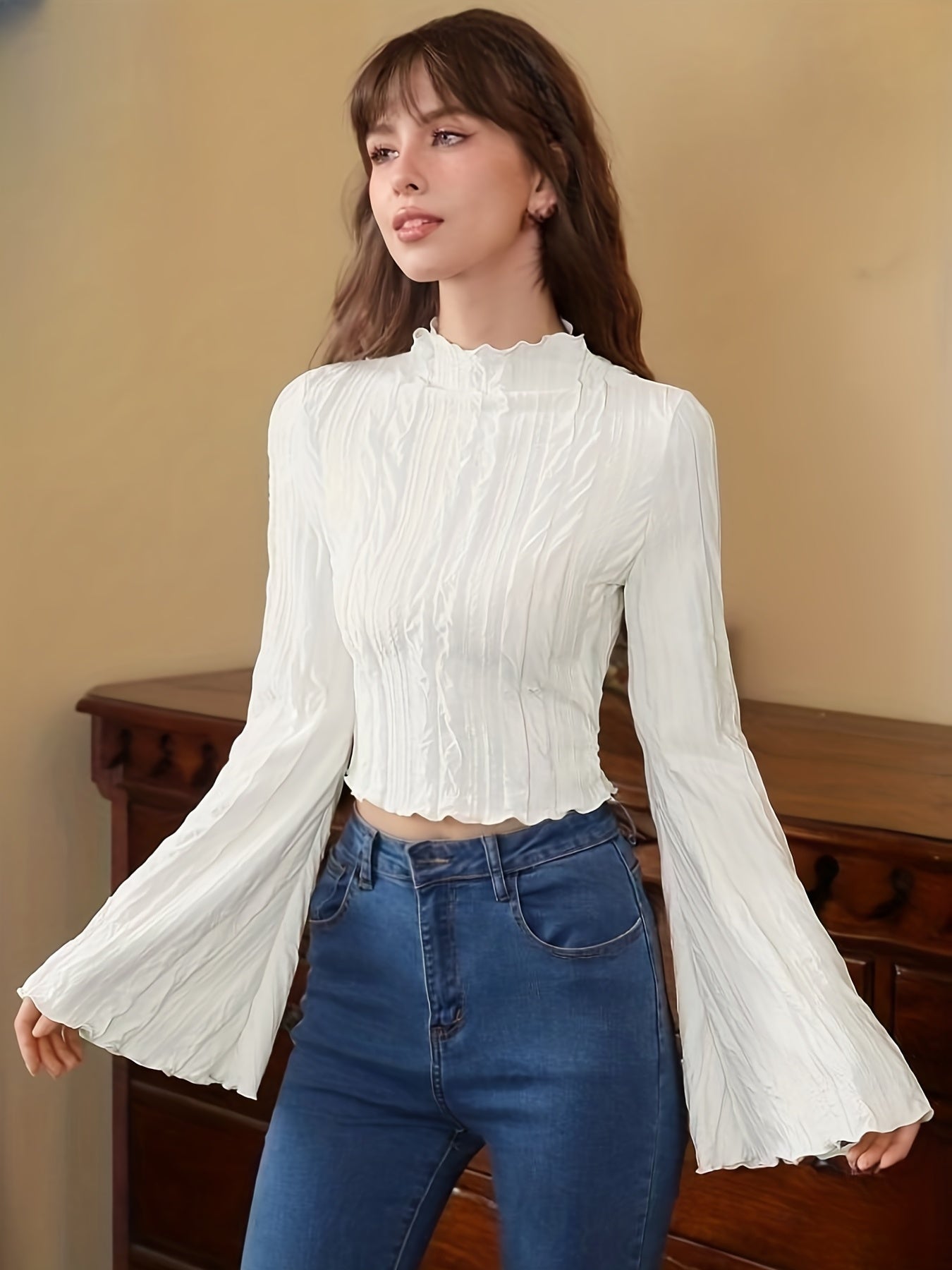 Textured Flared Sleeve Crop Top, Lettuce Trim Mock Neck Top For Spring & Fall, Women's Clothing
