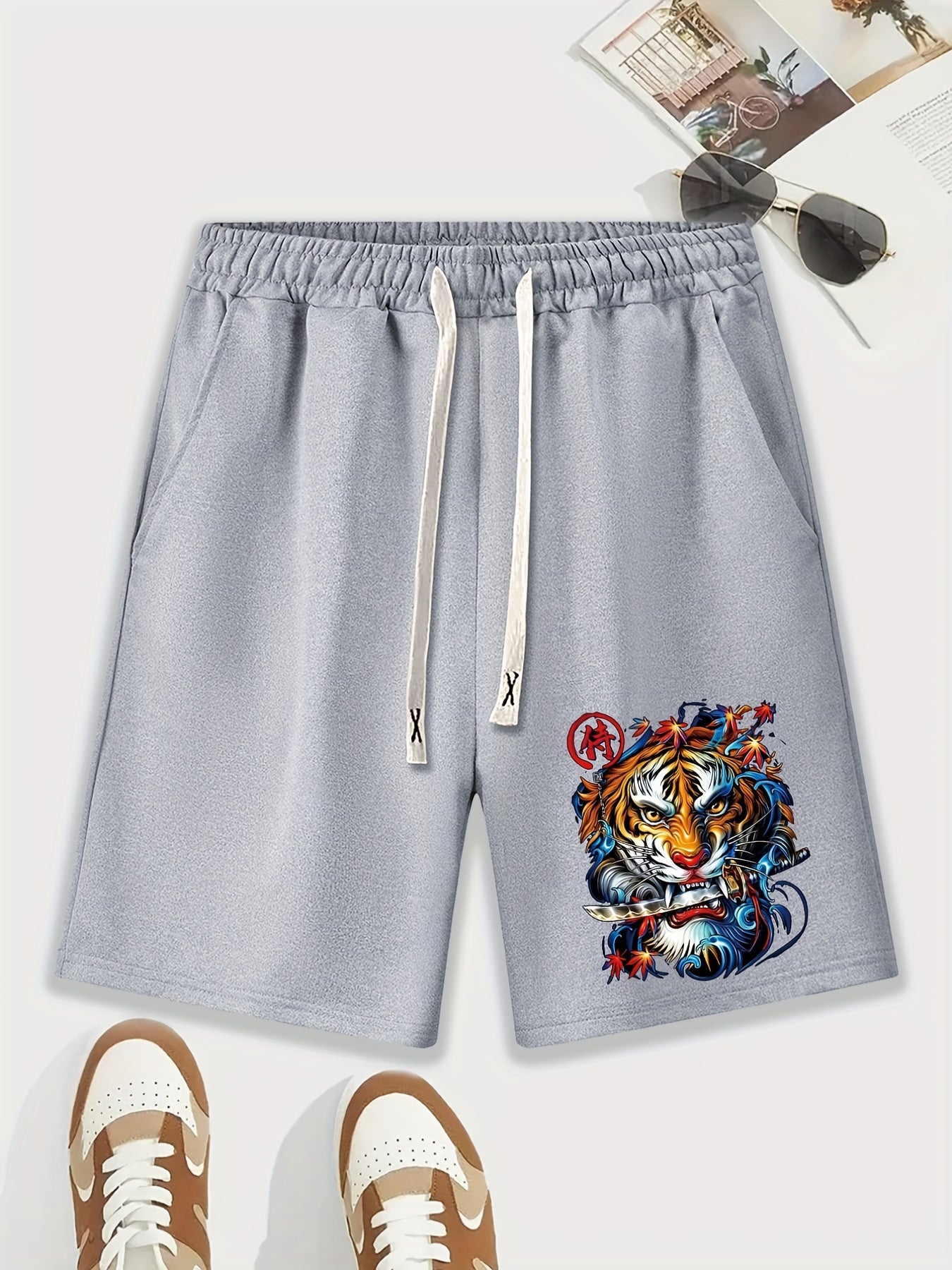 gbolsos Men's Trendy Purple Rose Graphic Drawstring Waist Shorts Athletic Gym Workout Shorts With Pocket