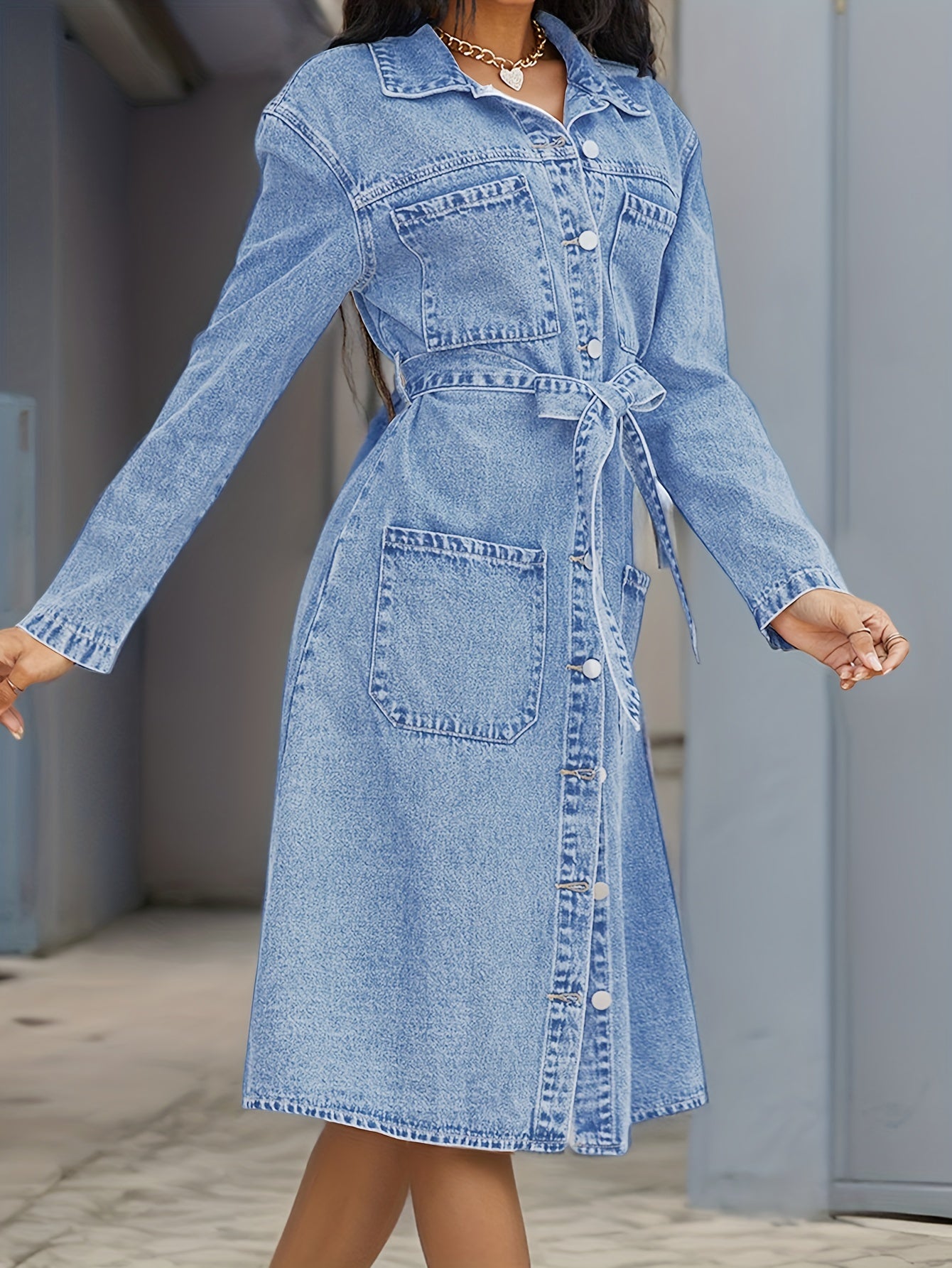 gbolsos Blue Long Sleeves Denim Dress, Patch Pockets Single Breasted Button With Waistband Lapel Denim Dress, Women's Denim Clothing
