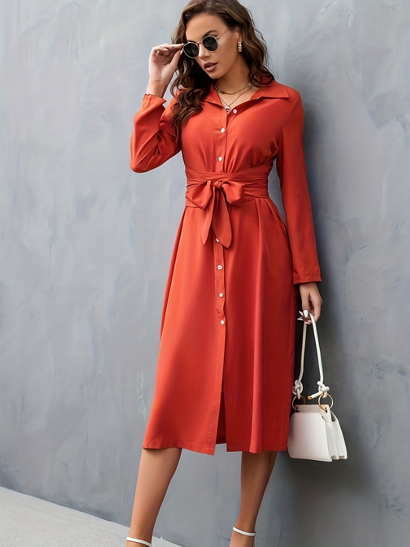 Solid Button Front Belted Dress, Elegant Long Sleeve Slim Dress, Women's Clothing