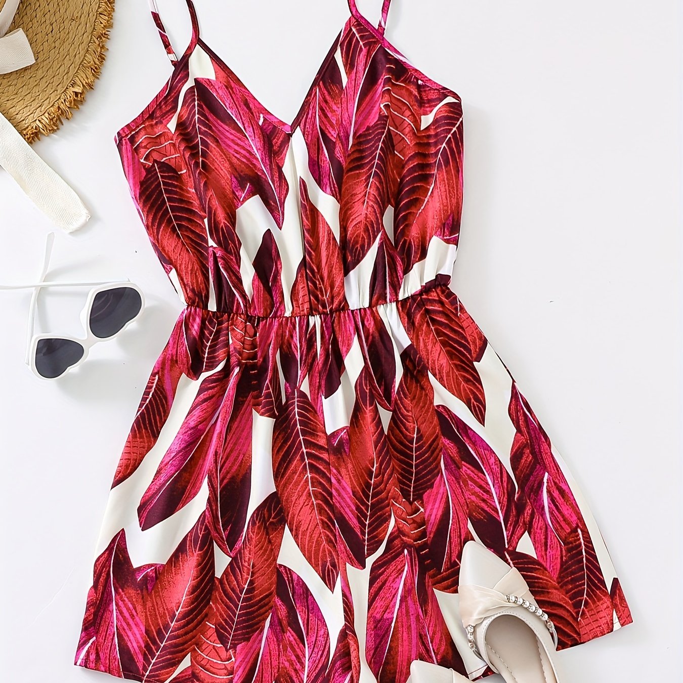 gbolsos Tropical Print V-neck Cami Romper Jumpsuit, Casual Sleeveless Romper Jumpsuit, Women's Clothing