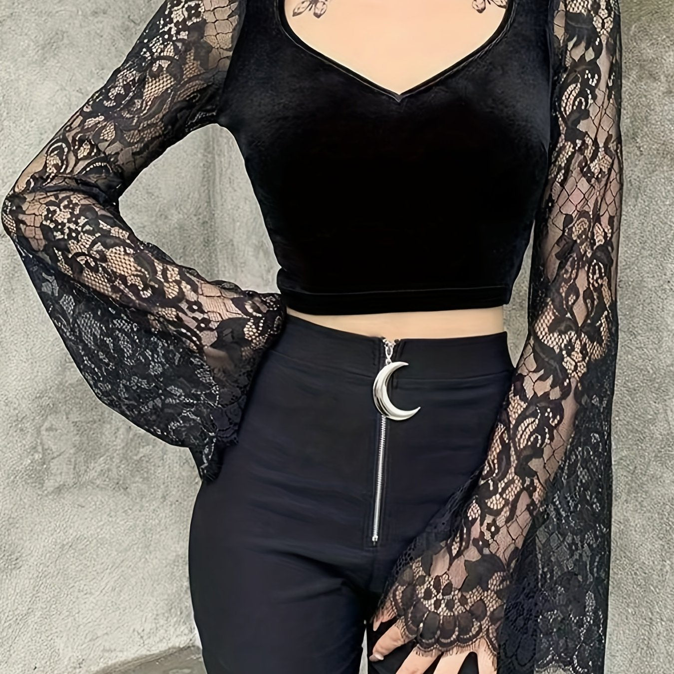 kkboxly Floral Lace Stitching V Neck T-Shirt, Casual Long Sleeve Top For Spring & Fall, Women's Clothing