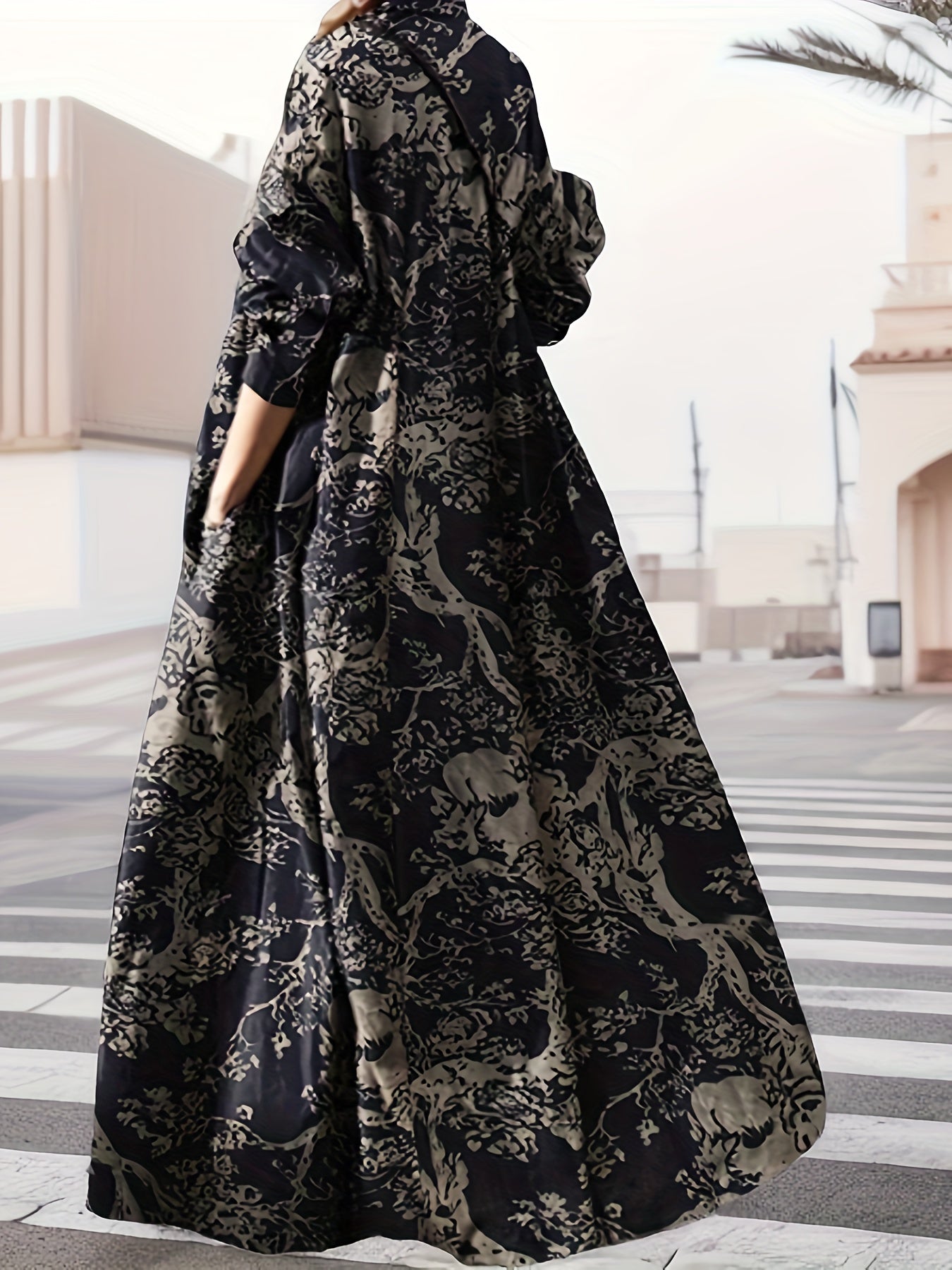 gbolsos Vintage Graphic Print V-neck Dress, Elegant Long Sleeve Maxi Dress For Spring & Fall, Women's Clothing