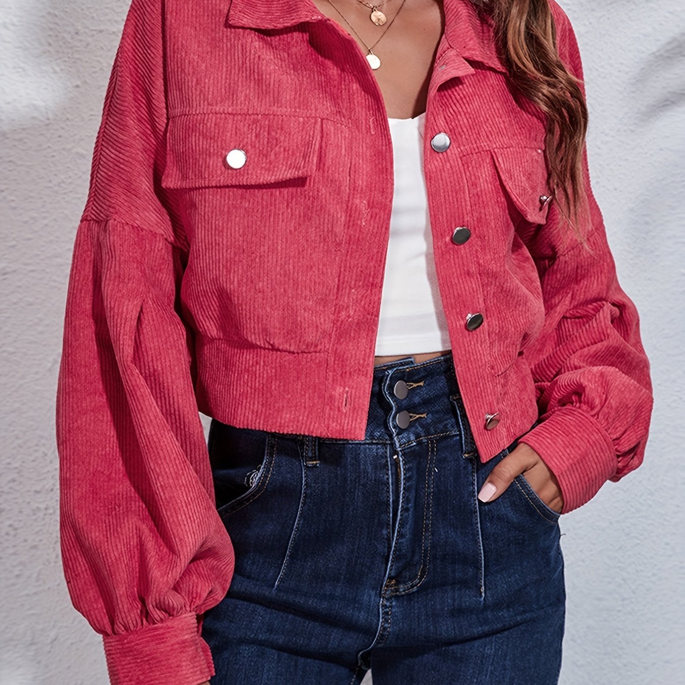 Solid Lantern Sleeve Ribbed Corduroy Cropped Jacket, Fashion Winter Coats, Women's Clothing