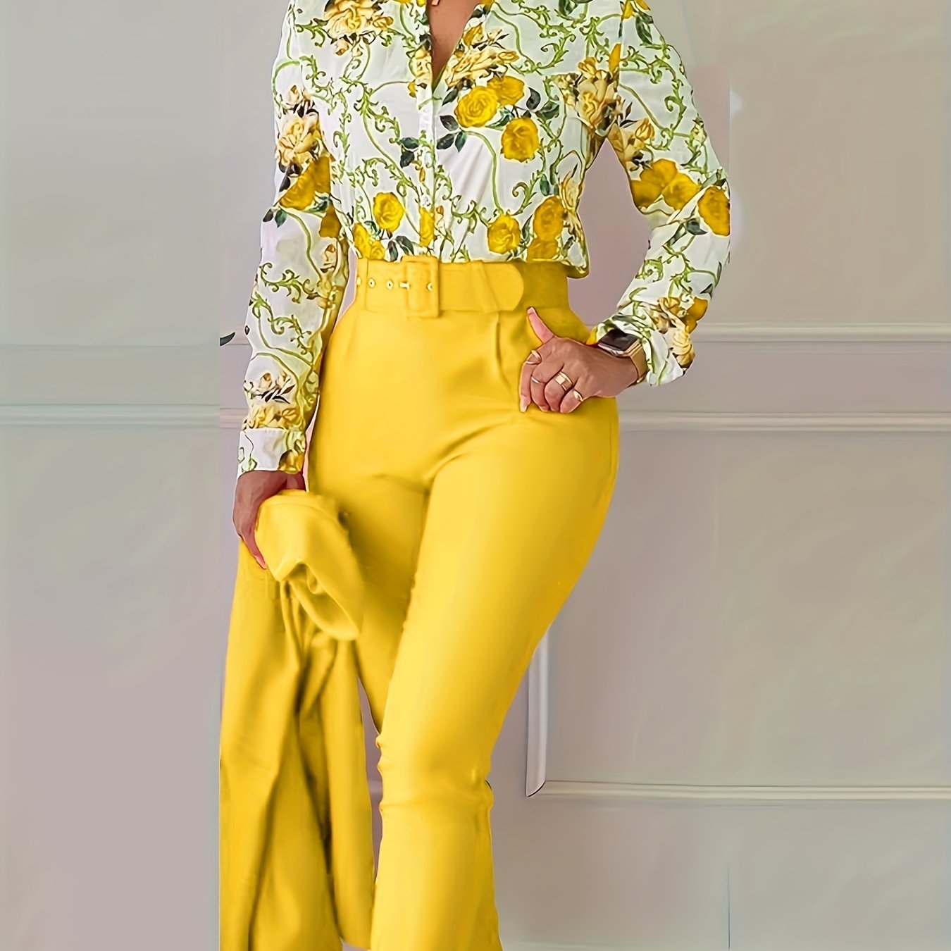gbolsos Elegant Two-piece Set, Floral Print V Neck Long Sleeve Blouse & Solid Belted Tapered Pants Outfits, Women's Clothing