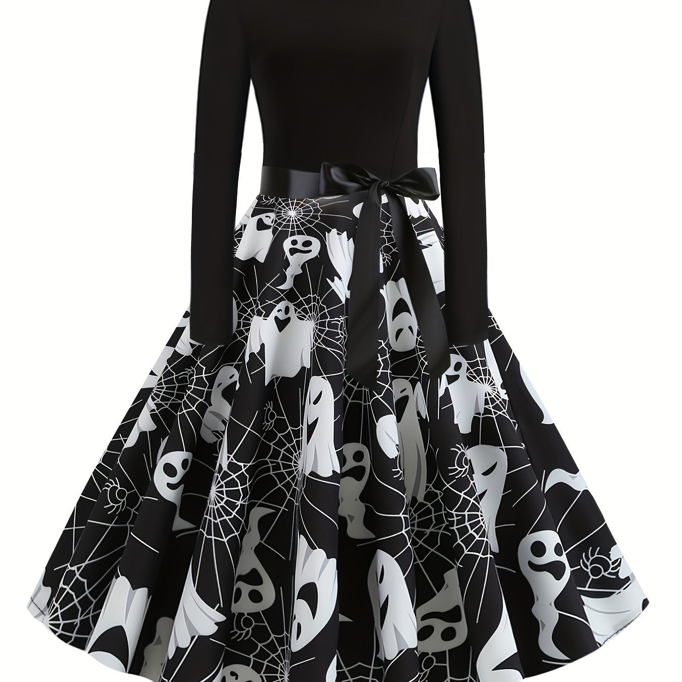 gbolsos Cartoon Ghost Print Dress, Elegant Long Sleeve Pleated Halloween Dress, Women's Clothing
