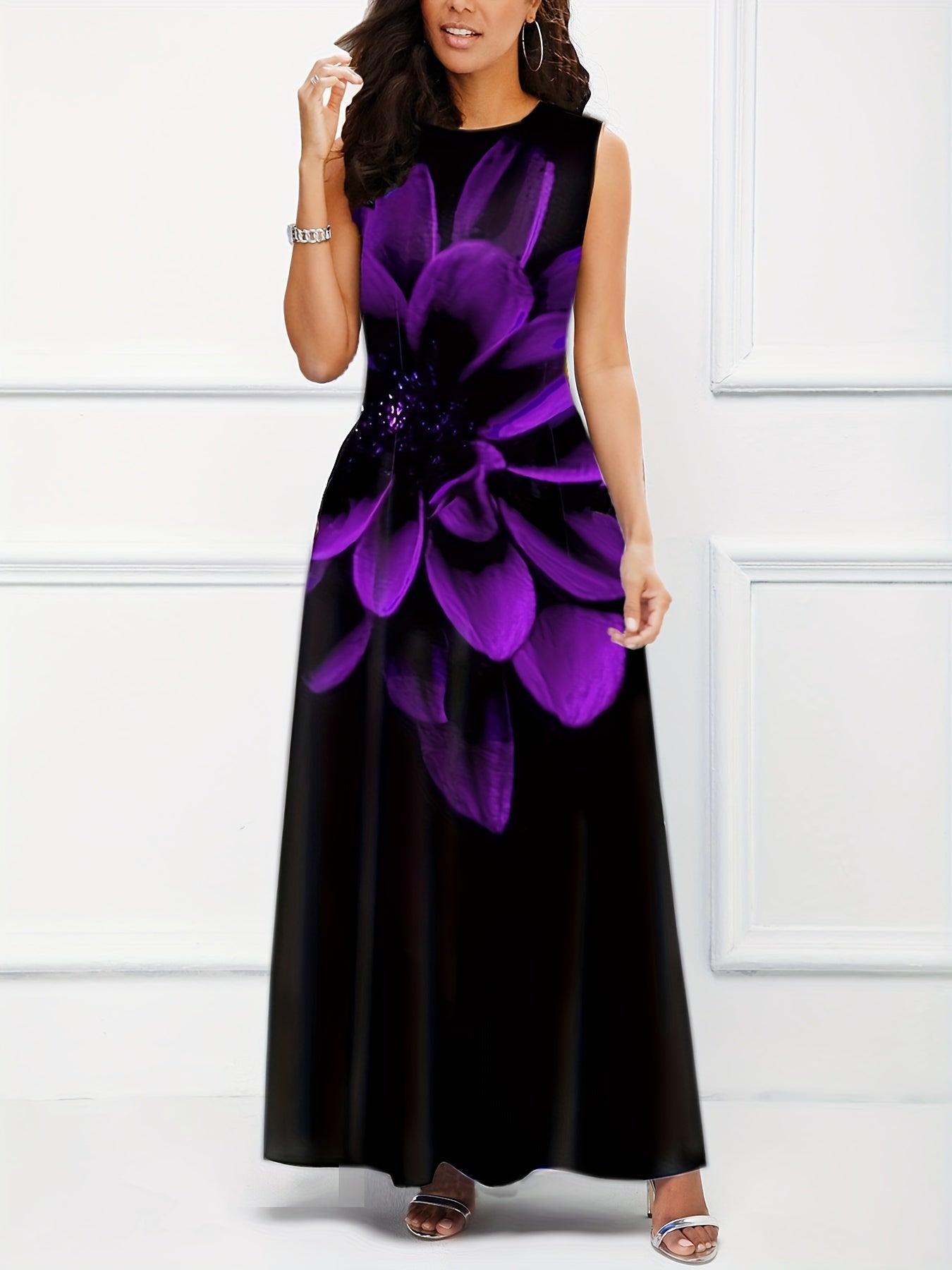 gbolsos Floral Print A-line Long Dress, Elegant Crew Neck Sleeveless Waist Summer Swing Dresses, Women's Clothing