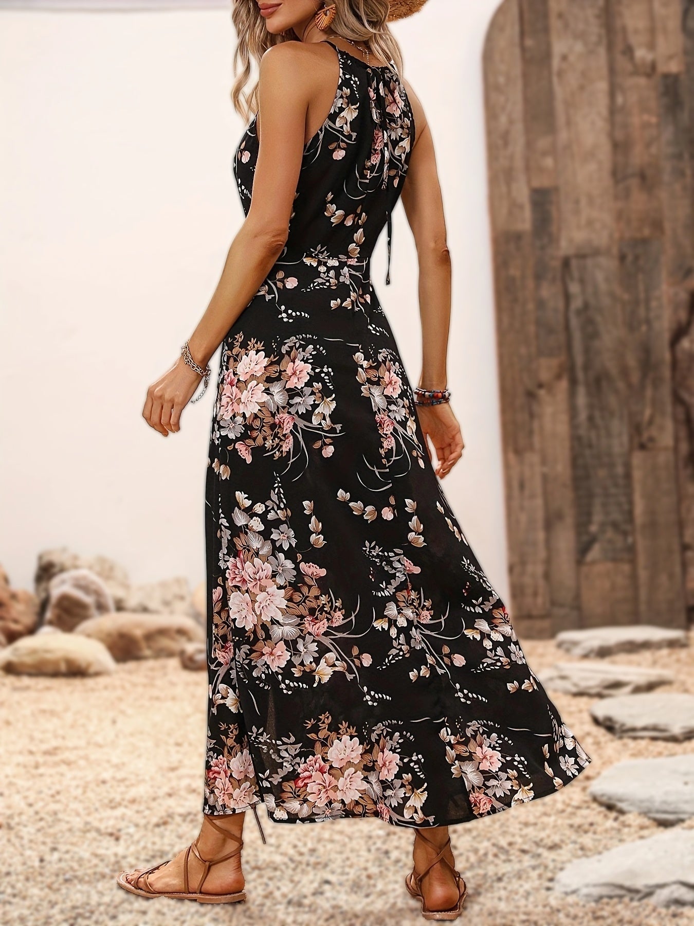 gbolsos Floral Print Split Halter Neck Dress, Sexy Halter Dress For Spring & Summer, Women's Clothing