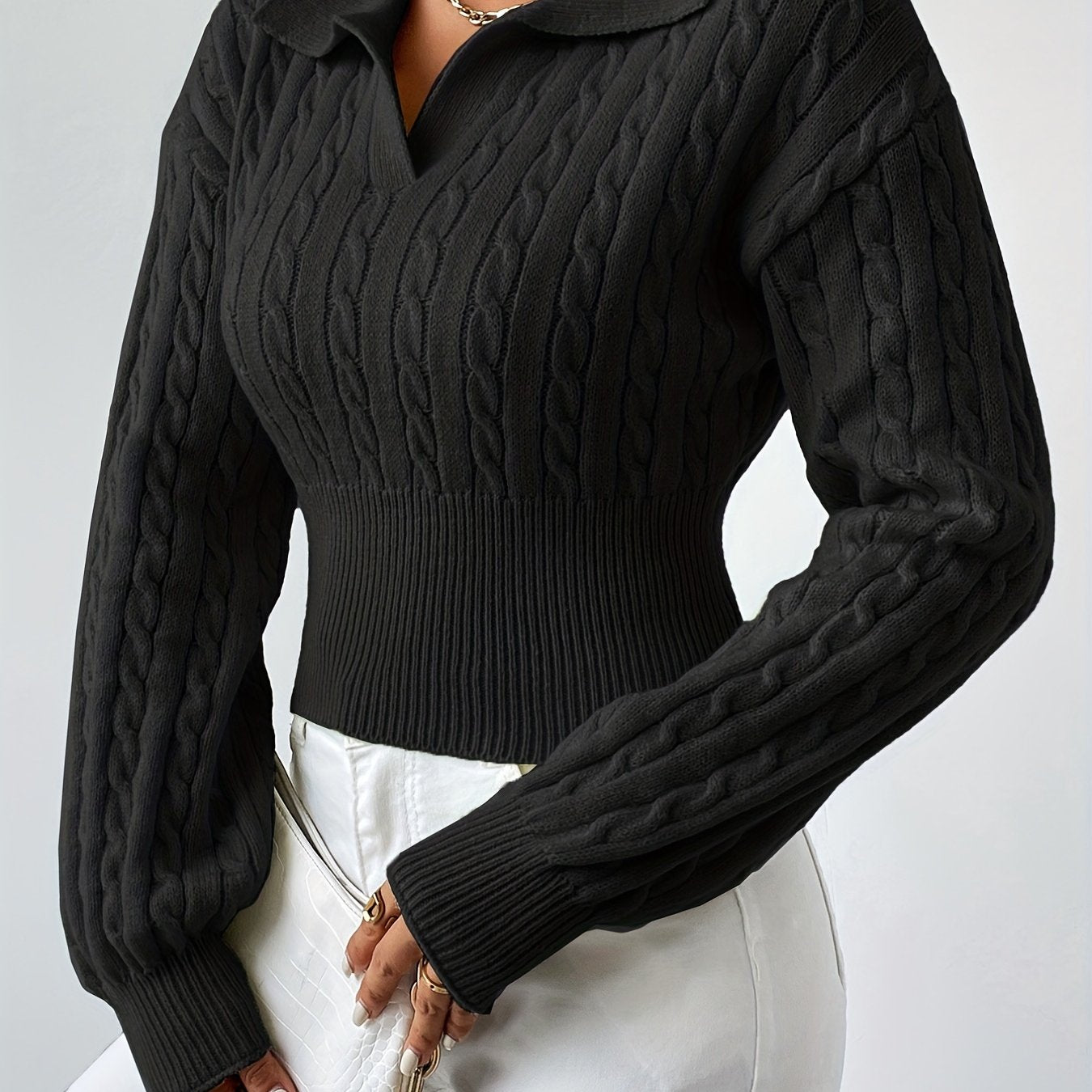 gbolsos Twist Textured V Neck Knitted Top, Casual Long Sleeve Sweater For Fall & Winter, Women's Clothing