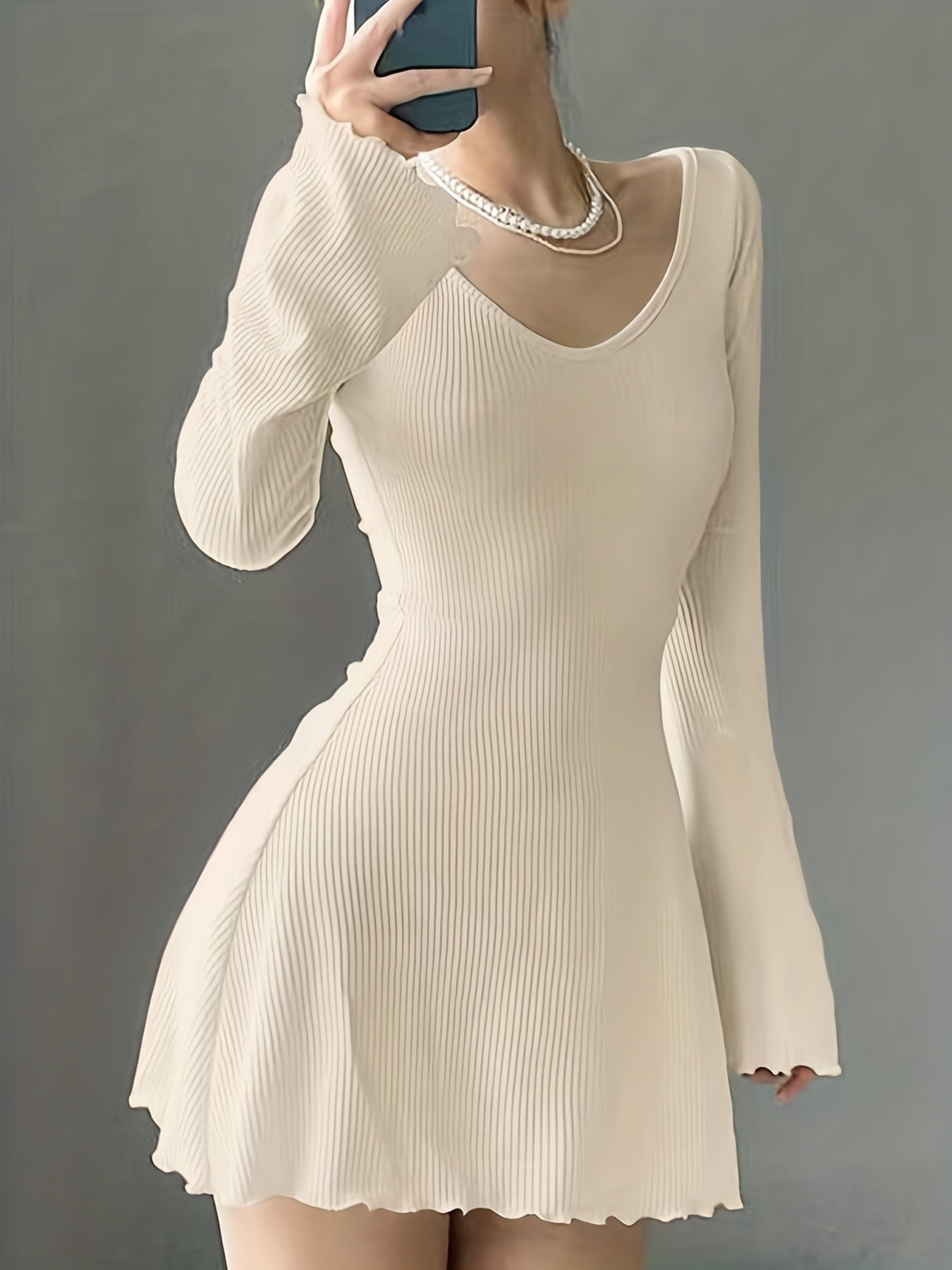 gbolsos Lettuce Trim Solid Dress, Elegant Crew Neck Long Sleeve Dress, Women's Clothing
