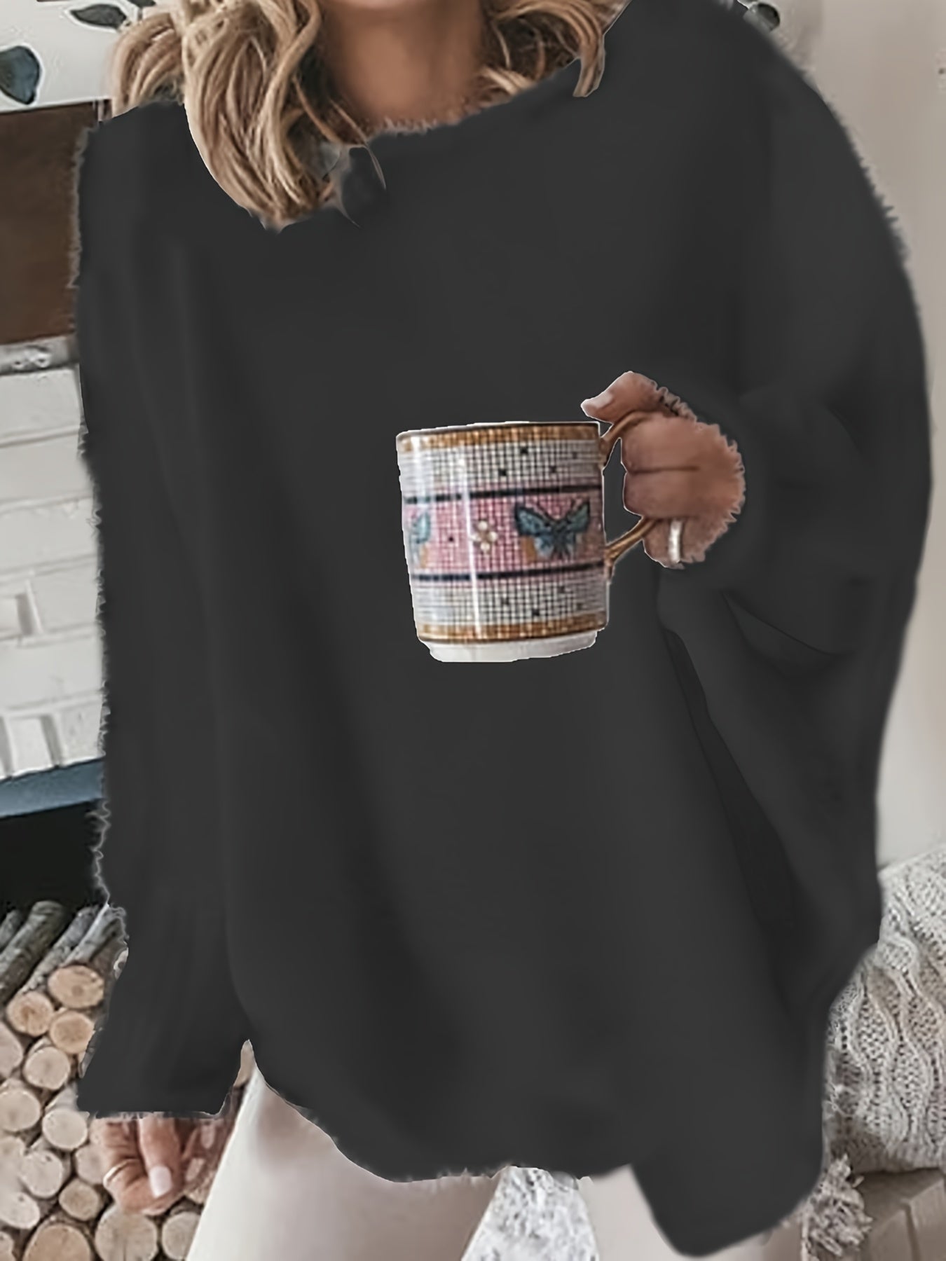 gbolsos Plus Size Casual Sweater, Women's Plus Solid Fluffy Round Neck Long Sleeve Sweater