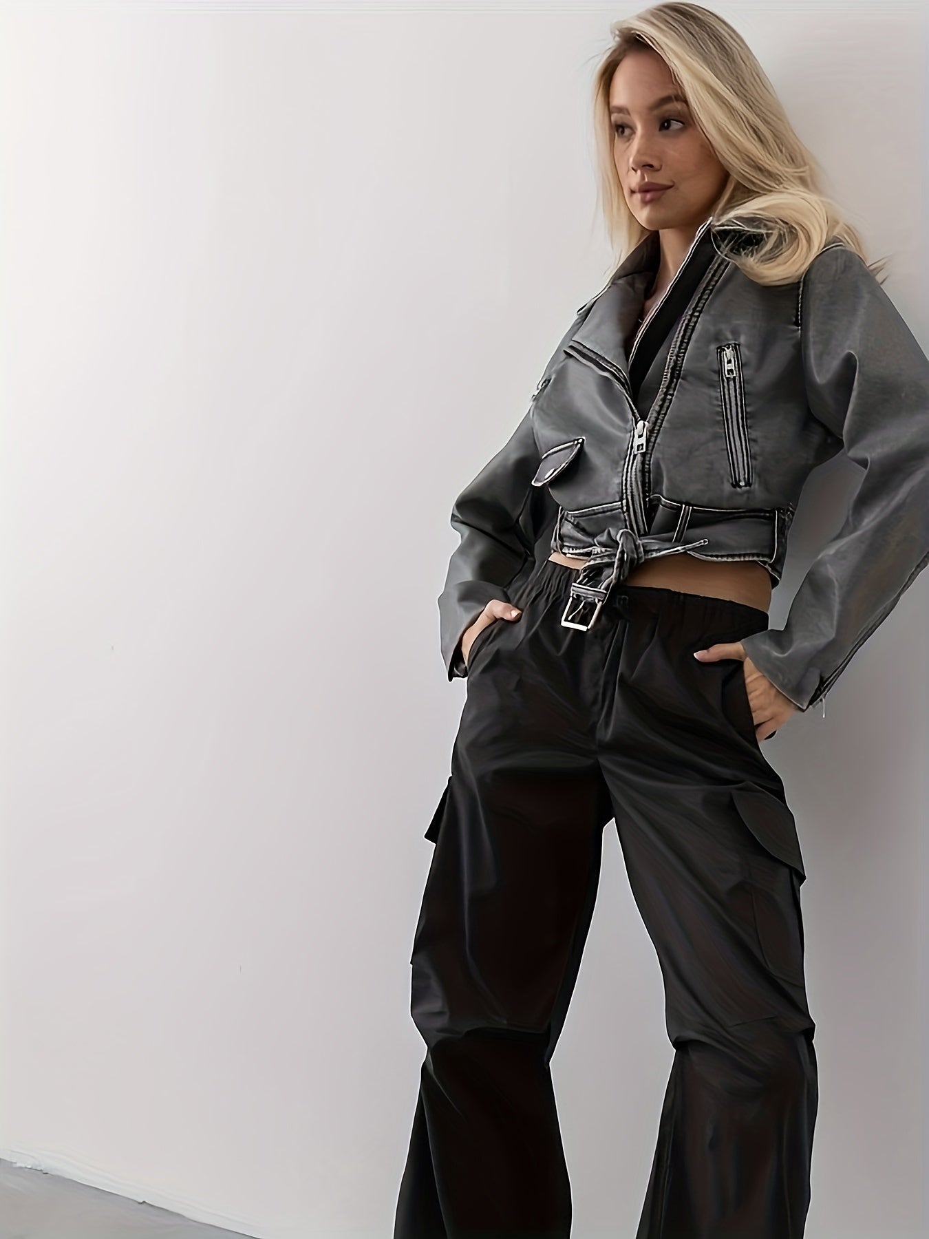 gbolsos Cropped Faux Leather Biker Jacket, Vintage Slant Pockets Belt Decor Jacket, Women's Clothing