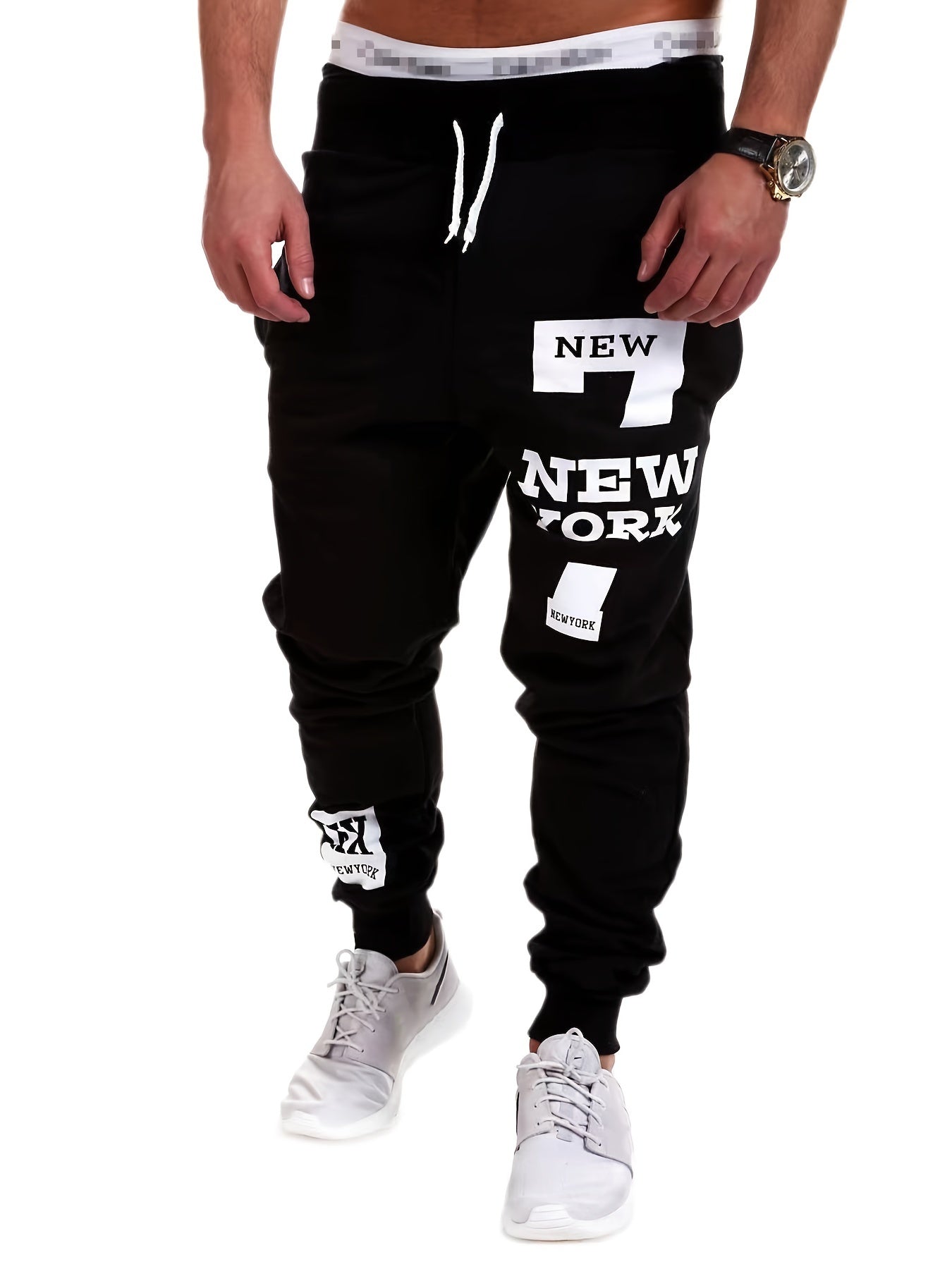 gbolsos "New York" Print Tapered Joggers, Men's Casual Stretch Waist Drawstring Sweatpants For All Seasons