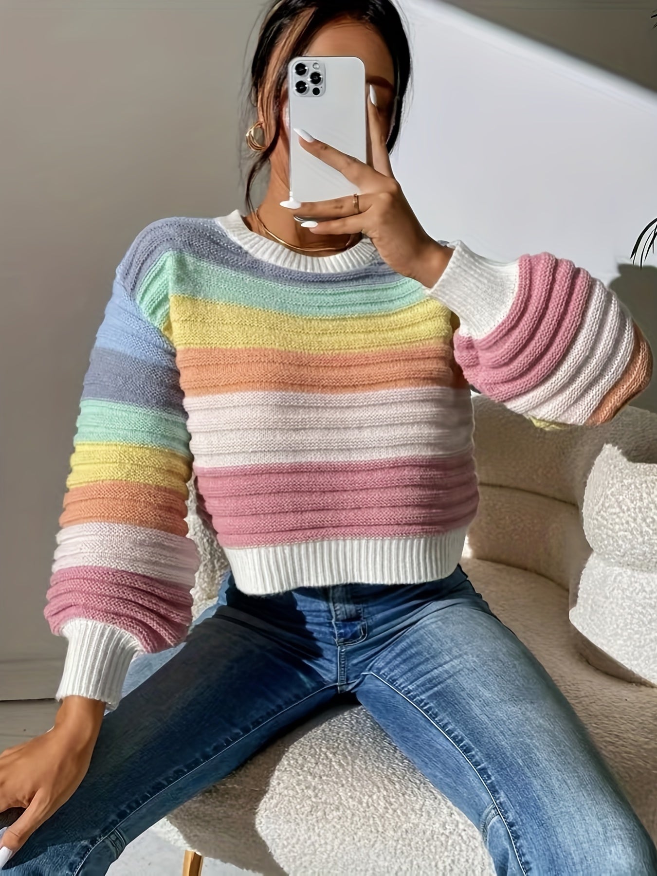 gbolsos Striped Pattern Crew Neck Sweater, Casual Long Lantern Sleeve Sweater For Spring & Fall, Women's Clothing