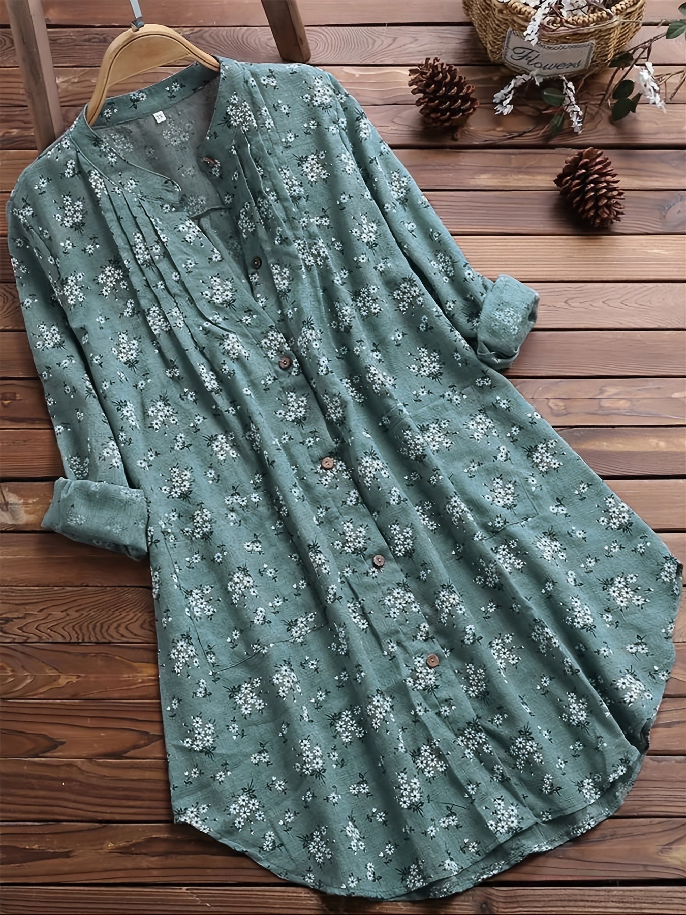 gbolsos Ditsy Floral Print Button Front Dress, Casual Long Sleeve V Neck Midi Dress With Pocket, Women's Clothing