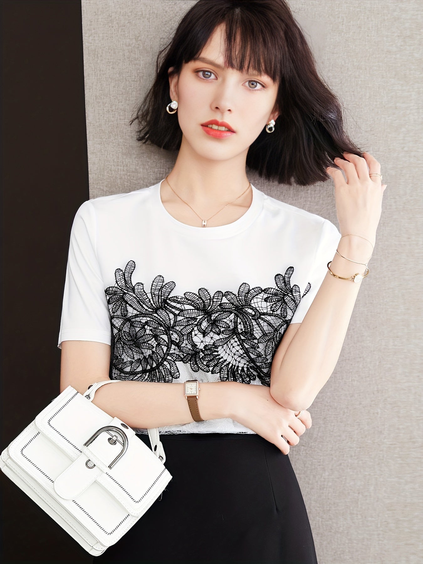 gbolsos Lace Contrast Crew Neck T-Shirt, Casual Short Sleeve T-Shirt For Spring & Summer, Women's Clothing