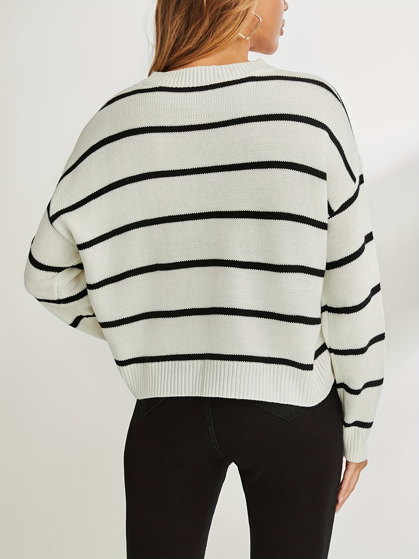 Stripe Print Drop Shoulder Knit Sweater, Casual Crew Neck Long Sleeve Pullover Sweater, Women's Clothing