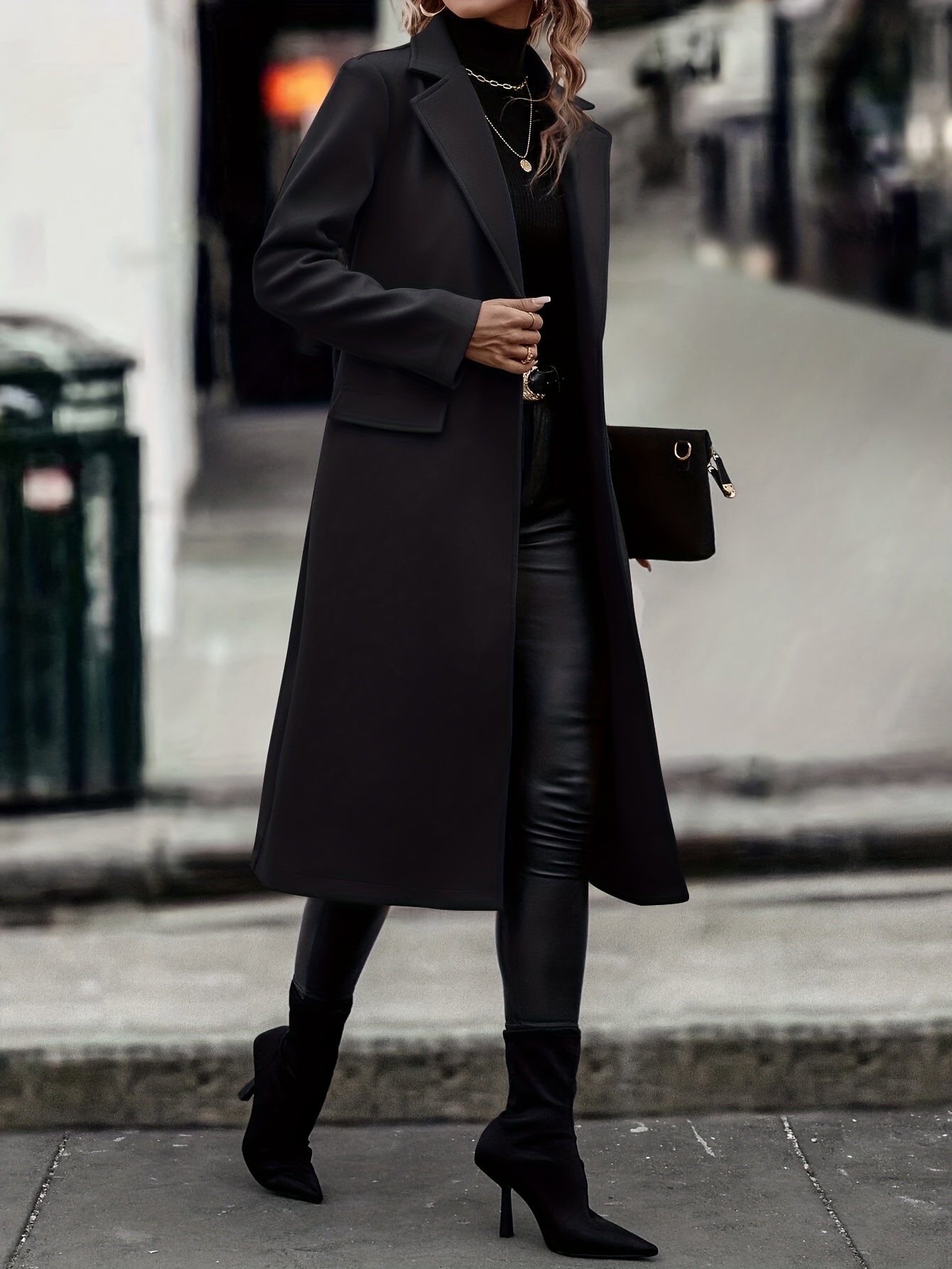 gbolsos Solid Color Open Front Trench Coat, Elegant Lapel Neck Long Sleeve Belted Coat, Women's Clothing