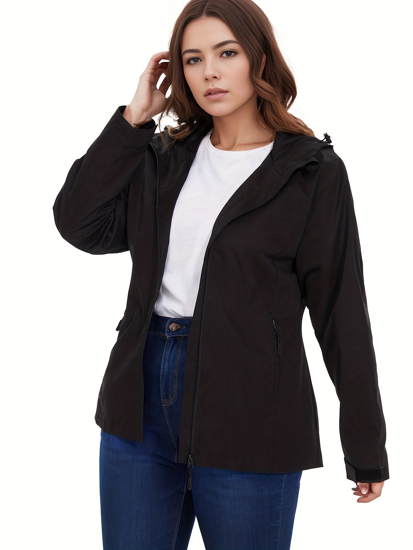 gbolsos Solid Zip Up Hooded Jacket, Casual Long Sleeve Versatile Outerwear, Women's Clothing