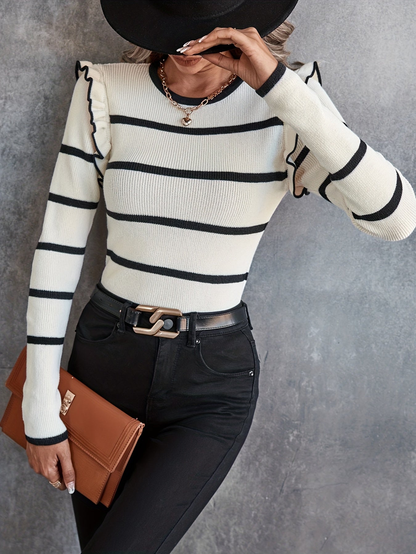 gbolsos Striped Crew Neck Pullover Sweater, Elegant Long Sleeve Ruffle Trim Sweater, Women's Clothing