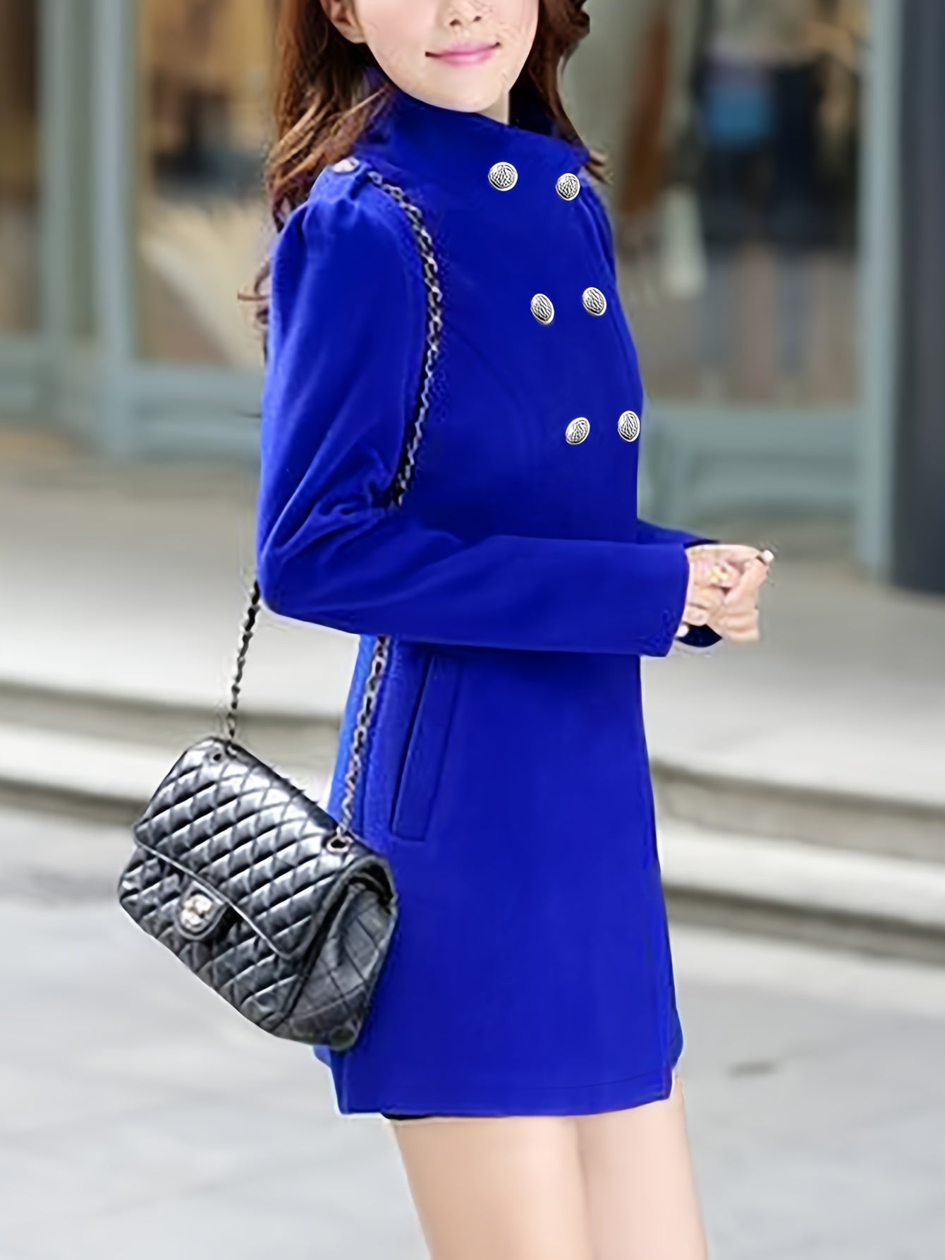 gbolsos Double Breasted Flared Hem Coat, Casual Solid Long Sleeve Outerwear, Women's Clothing