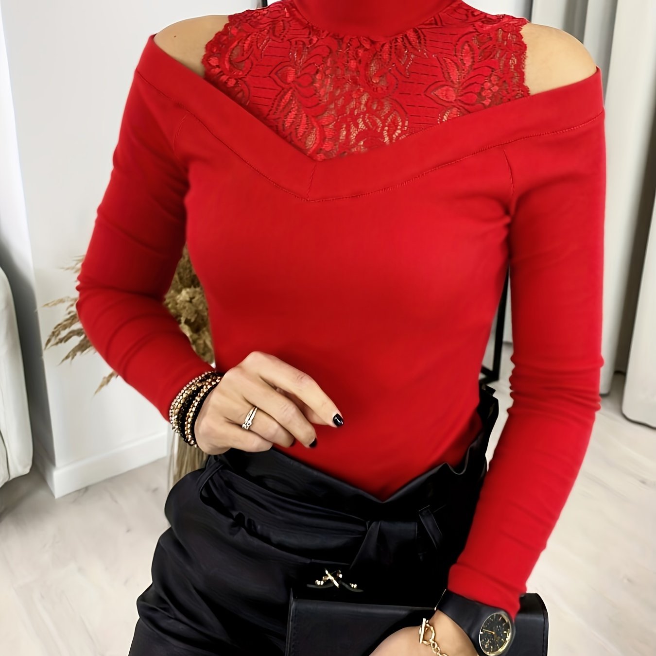 gbolsos Contrast Floral Lace Mock Neck T-Shirt, Casual Cold Shoulder Long Sleeve Top For Spring & Fall, Women's Clothing