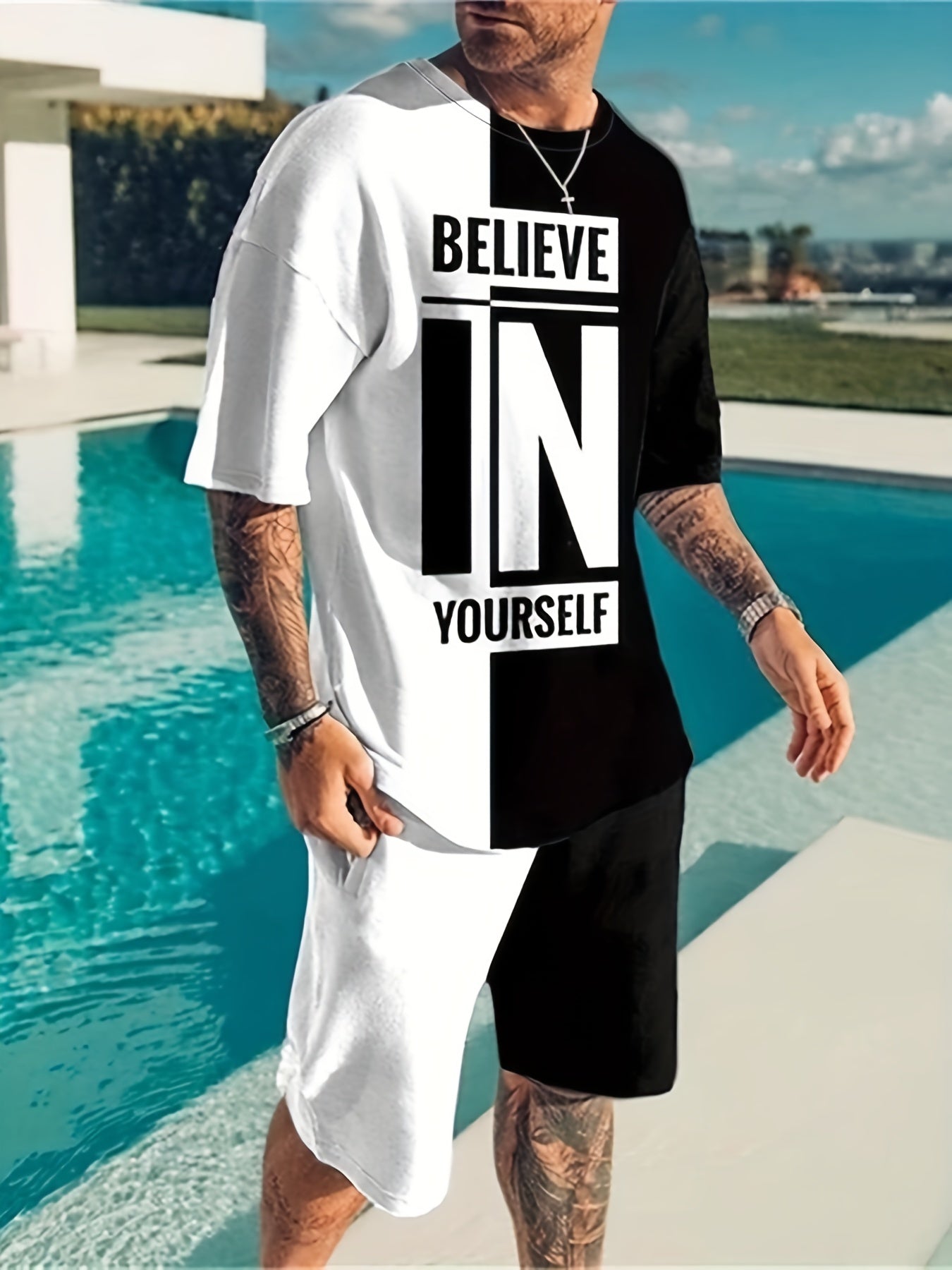 gbolsos Believe In Yourself Print, Men's 2Pcs Outfits, Casual Crew Neck Short Sleeve T-shirt And Drawstring Shorts Set For Summer, Men's Clothing